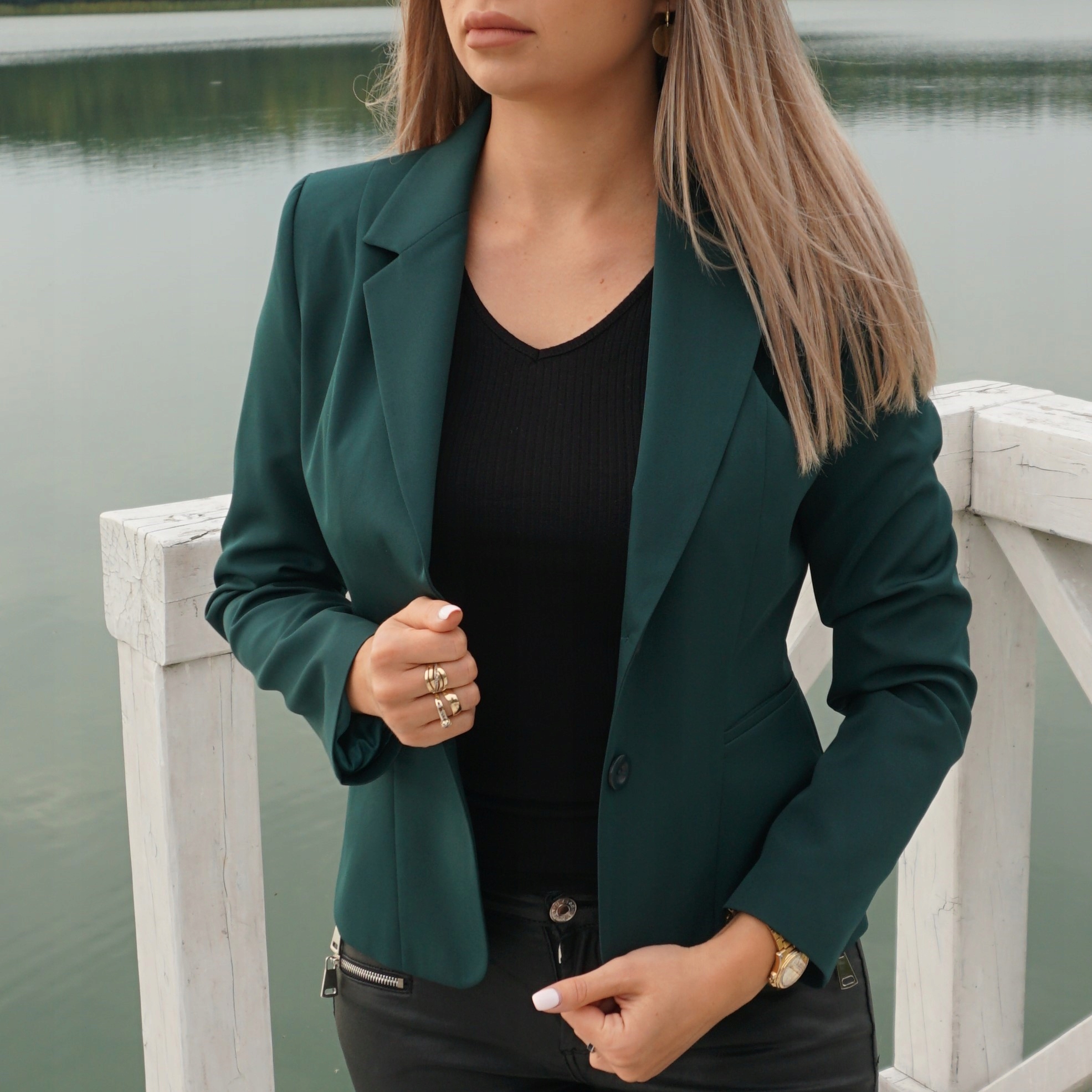 Żakiet damski klasyczny z klapami zielony roz.46