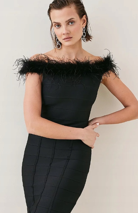 Karen Millen Šaty Elegantní Svatební Hostina Černá S Peřím 3R3G2* T5A