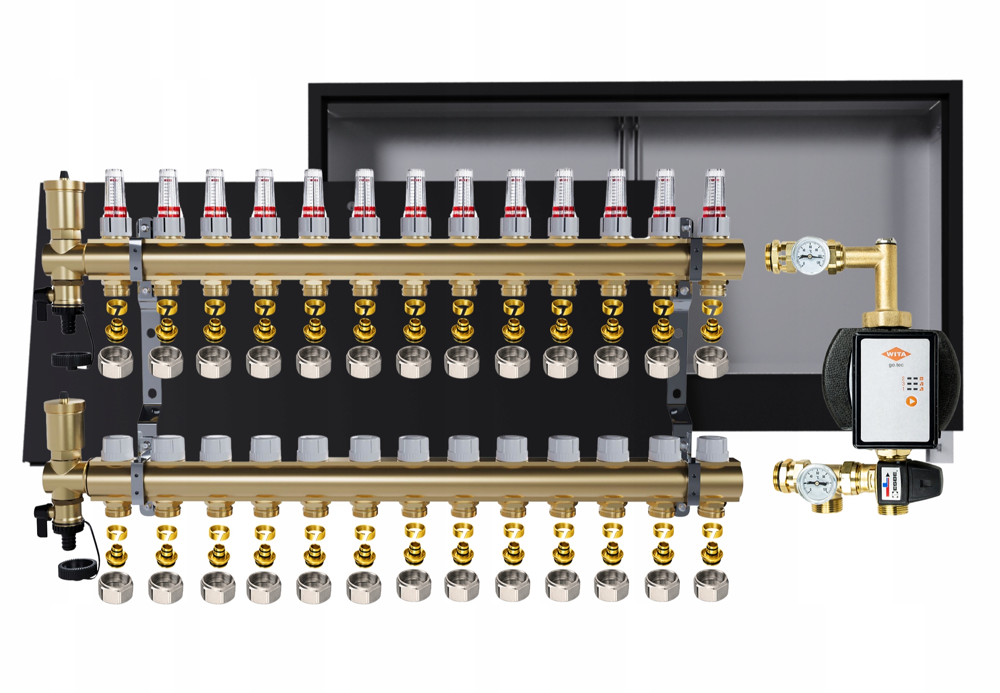 Rozdělovač pro podlahu 13 okruhů s čerpadlem Wita podomítková skříňka +pex