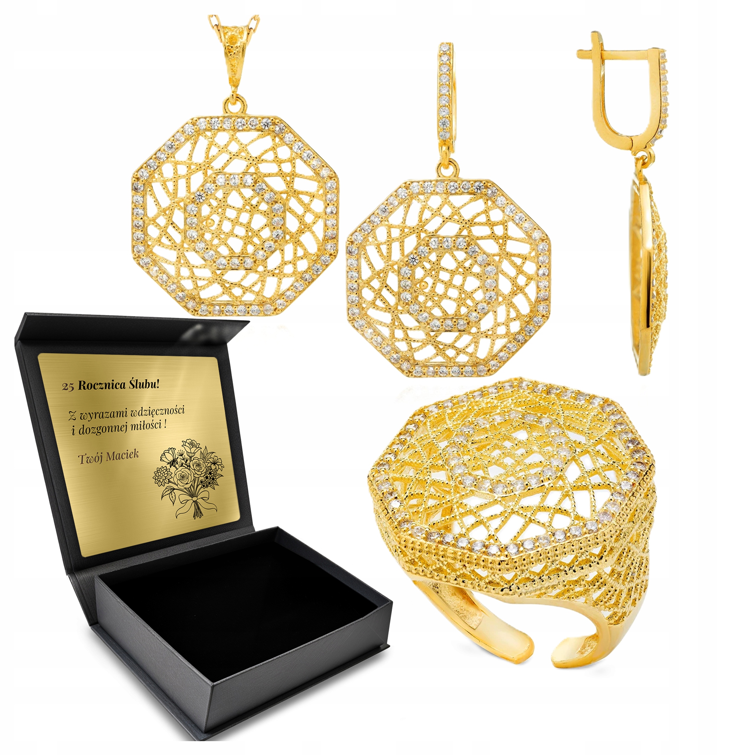 Komplet Zlatých Šperků Zirkony Dárek pro ženu Stříbro 925 Gravírování