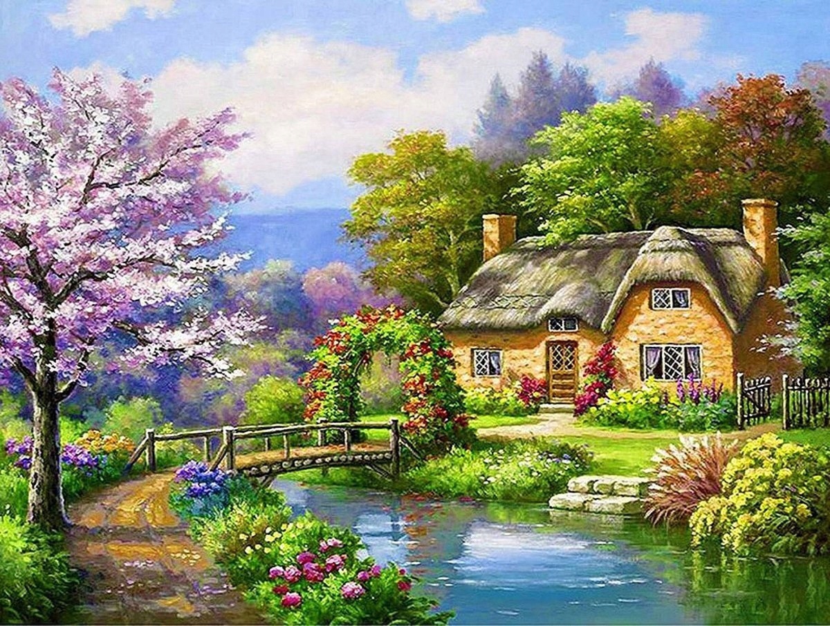 Diamantová Výšivka Diamond Painting Mozaika Jarní domeček 55x75 cm 5D sada