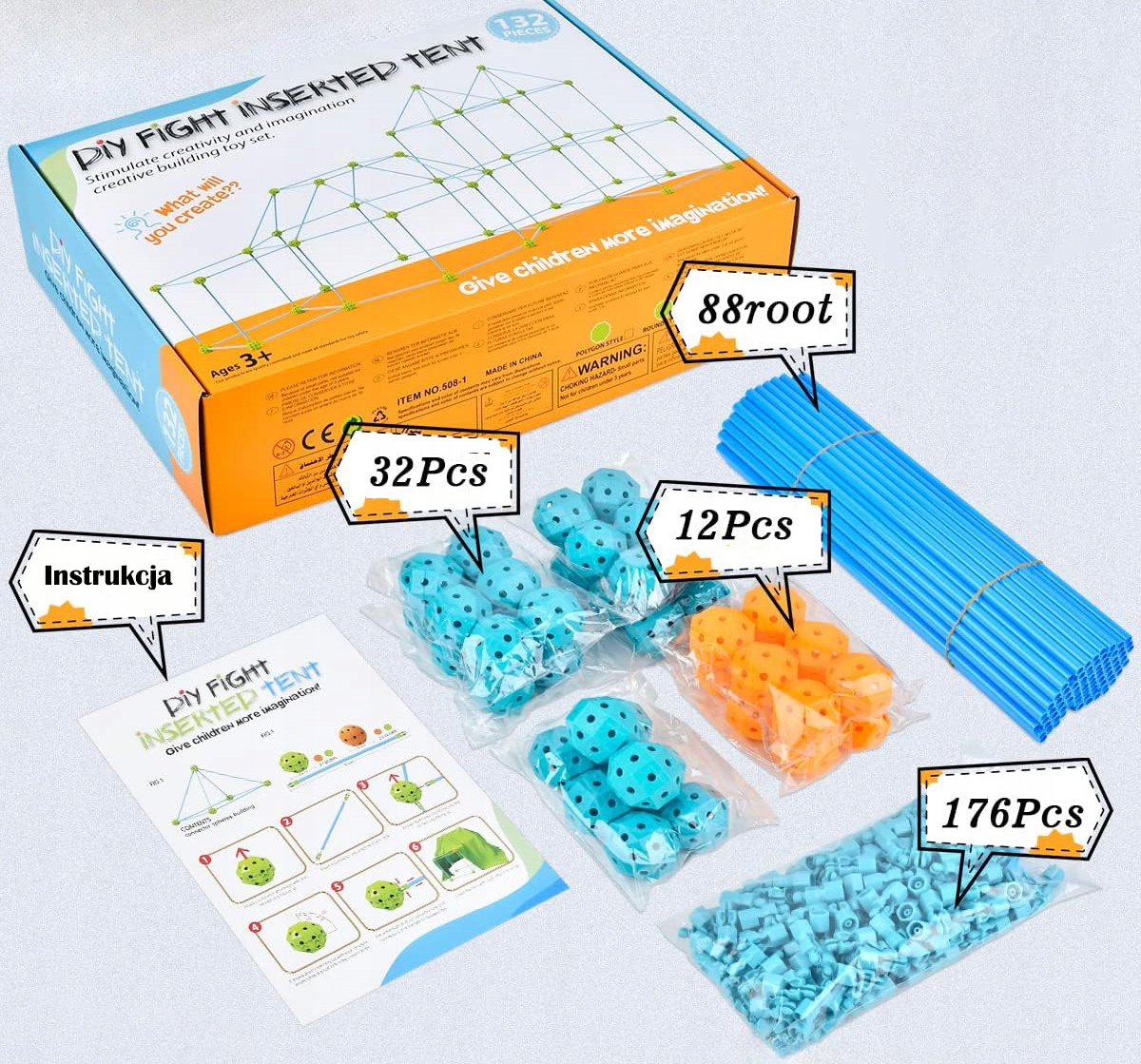 SŁOMKI KONSTRUKCYJNE DO BUDOWY DOMKU MOCNO TRZYMAJĄ 132 EL. DŁUGIE RURKI Szerokość produktu 11 cm