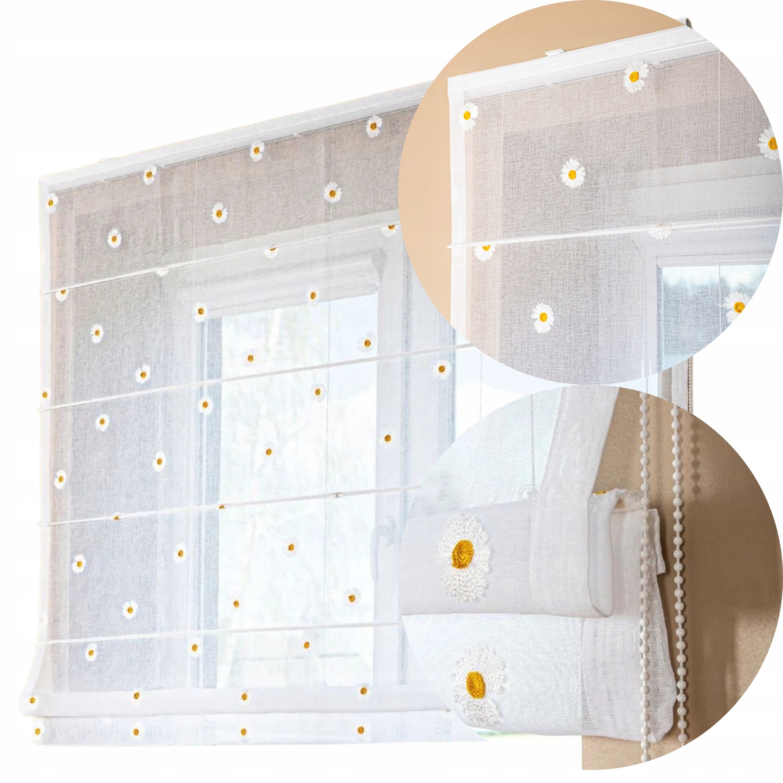 Roleta rzymska gotowa 100x230 cm biała etamina w stokrotki z mechanizmem
