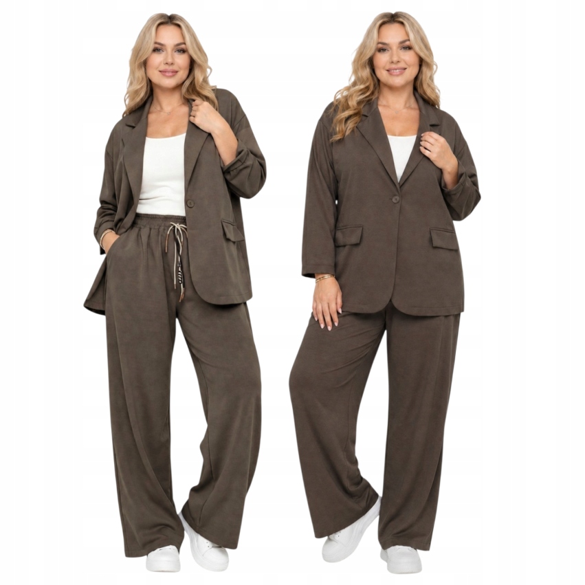 Komplet elegantní máslo Plus Size sako kalhoty čoko 54 56 7XL 8XL