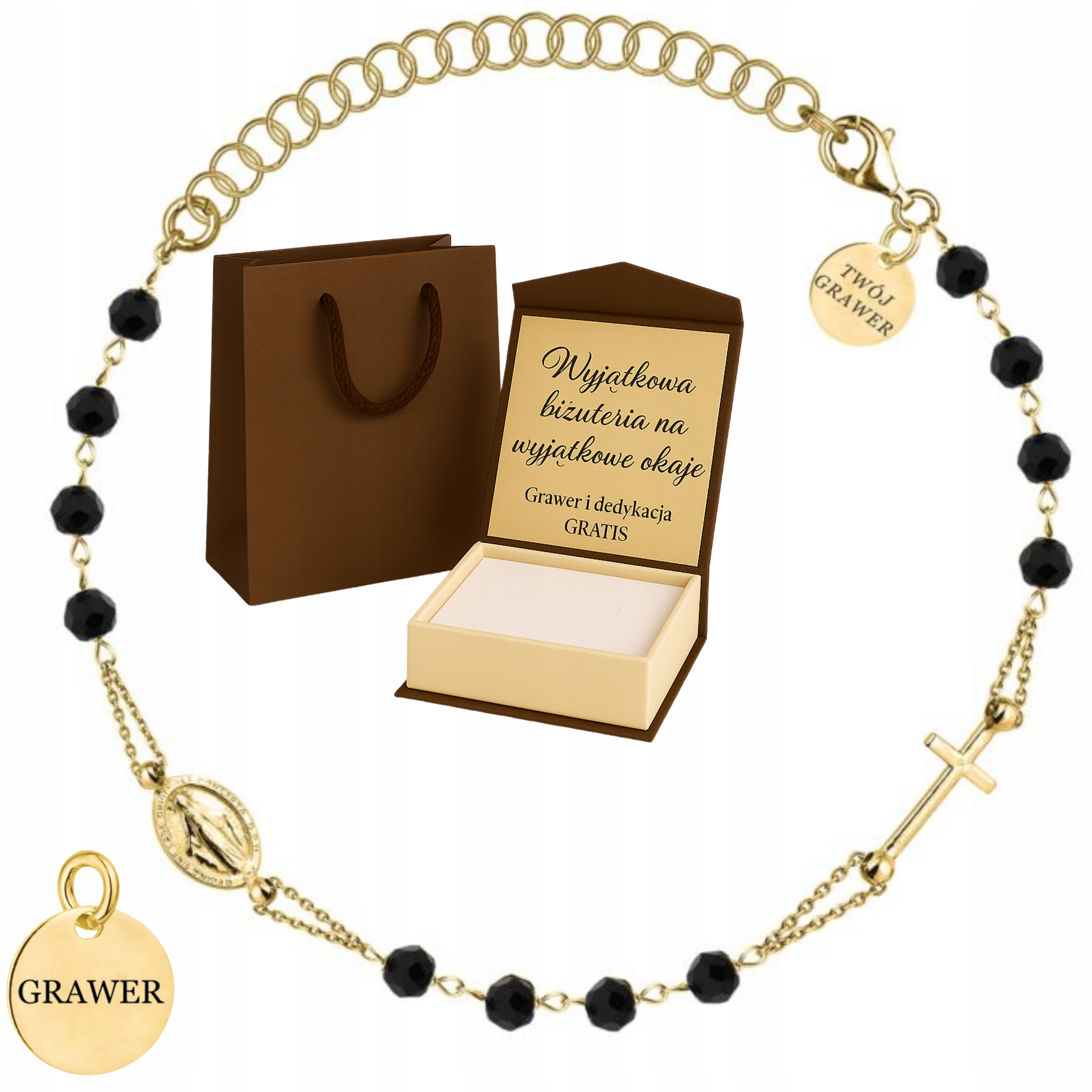 Zlatý Dámský Náramek Černé Kameny Křížek Medailonek RYZ.585/925 Gravírování