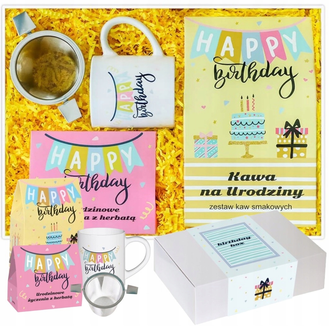 Zestaw Prezentowy Upominkowy Box Na Urodziny Kawy Herbaty Kubek Zaparzacz