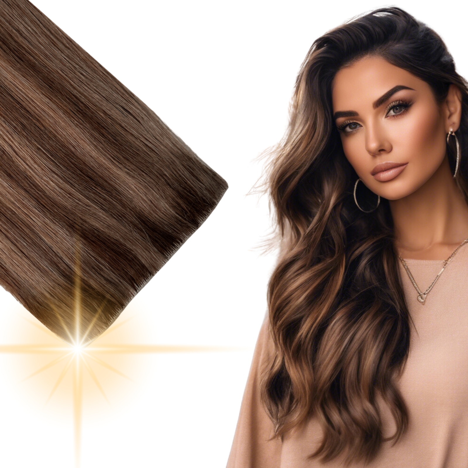 Doczepy na taśmie włosy naturalne 50 cm #4/8 Brąz pasemka Premium dopinki