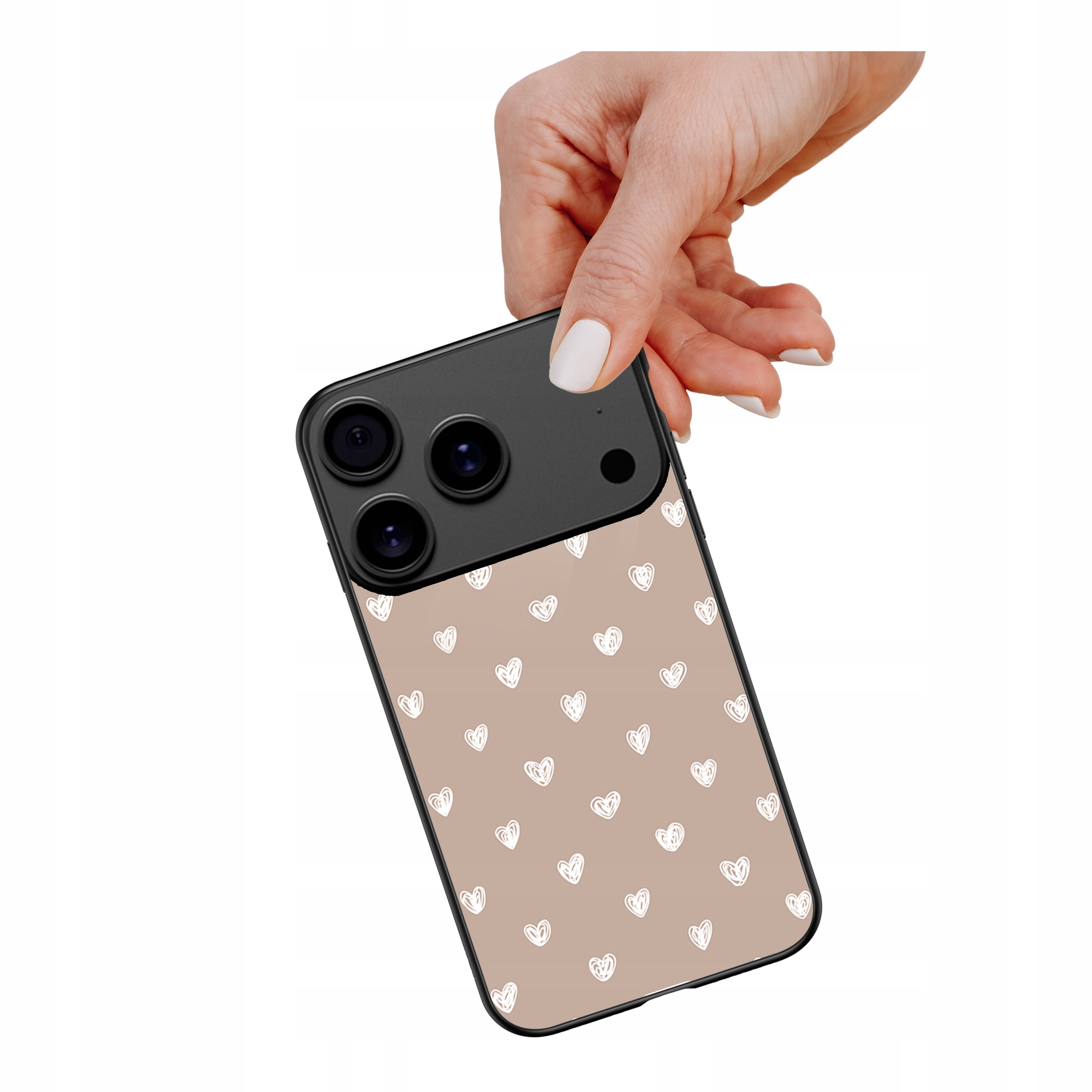 Etui szklane ceramiczne do iPhone 17 Pro Max Serduszka beż