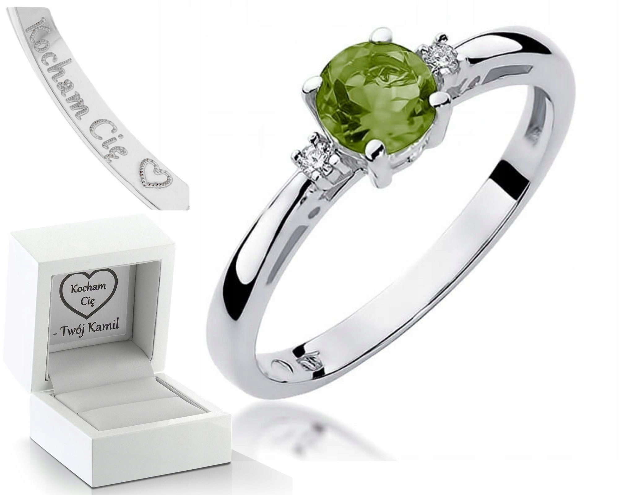 Bílé Zlato Prstýnek S Brilianty Olivín Gravírování