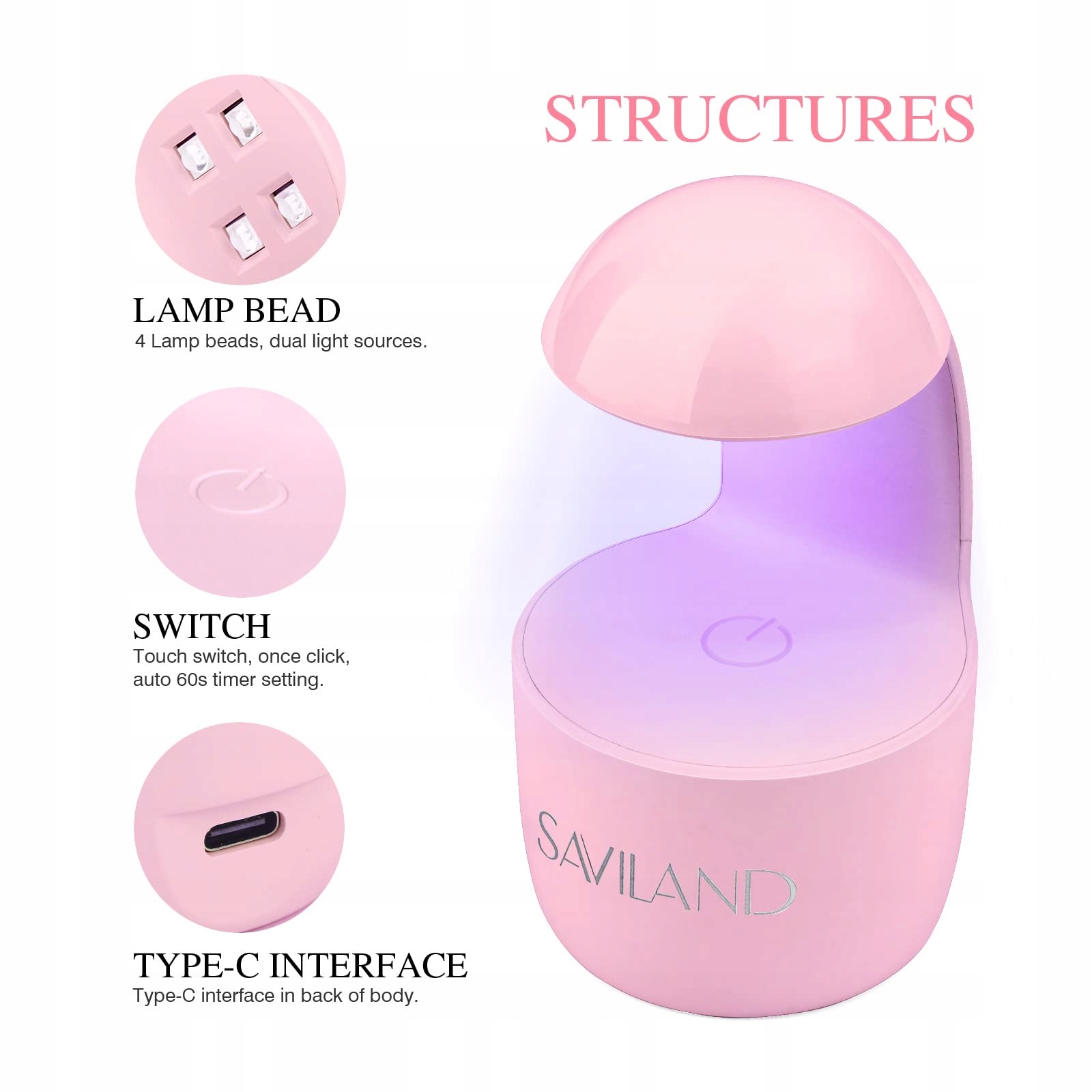 SAVILAND Mini UV Nail Lamp Portable Quick Drying for Beginners Pink — miniatura 2
