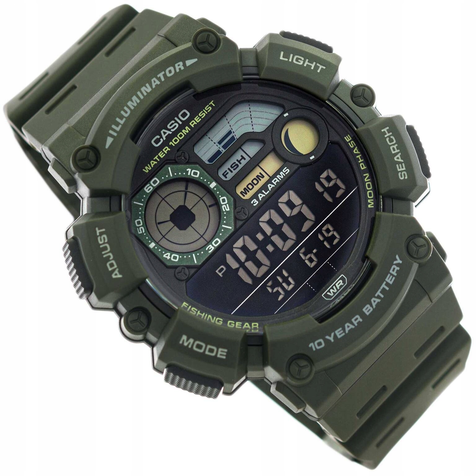 Pánské hodinky Casio WS-1500H-3BVEF zelené na řemínku, pro rybáře, 100M