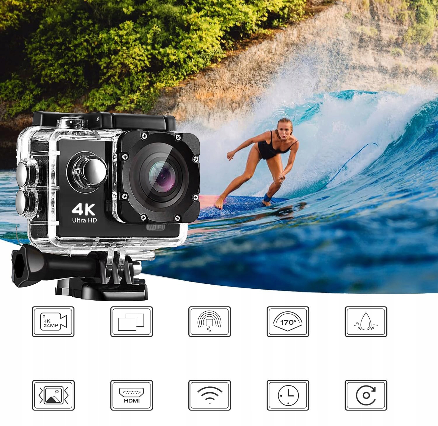WODOODPORNA KAMERA 4K HD WIFI SPORTOWA GO PRO + BEZPŁATNE 17AKCESORIÓW Rozdzielczość 24 Mpx