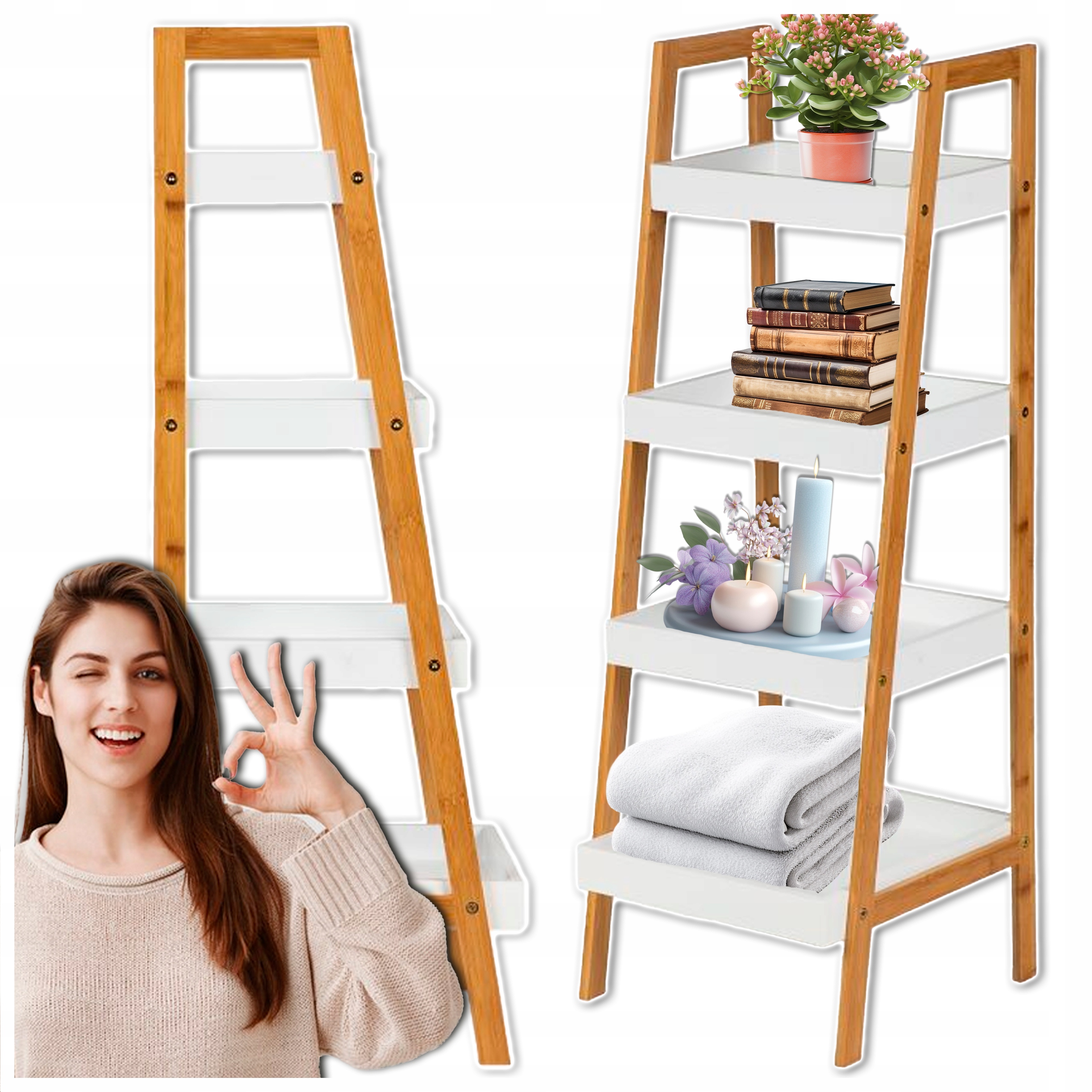 Bambusový regál Bílý Žebřík 4 police Noční Stolek Police na knihy Hračky
