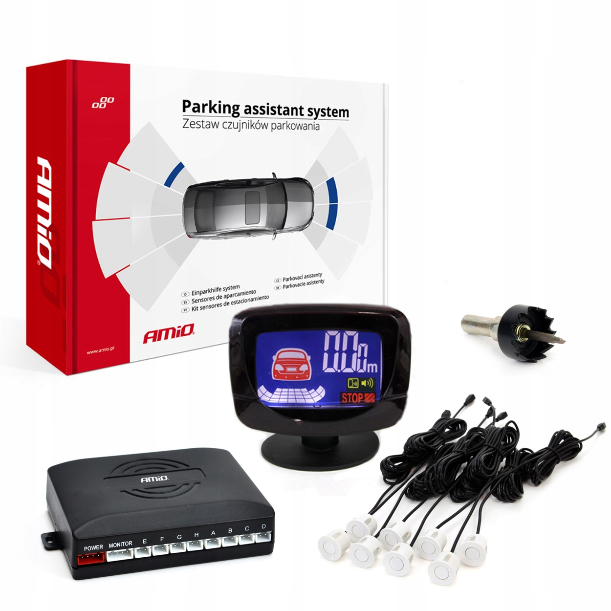 Czujniki Parkowania Cofania LED-GRAF 8 Sens. Białe Model AMI-01600