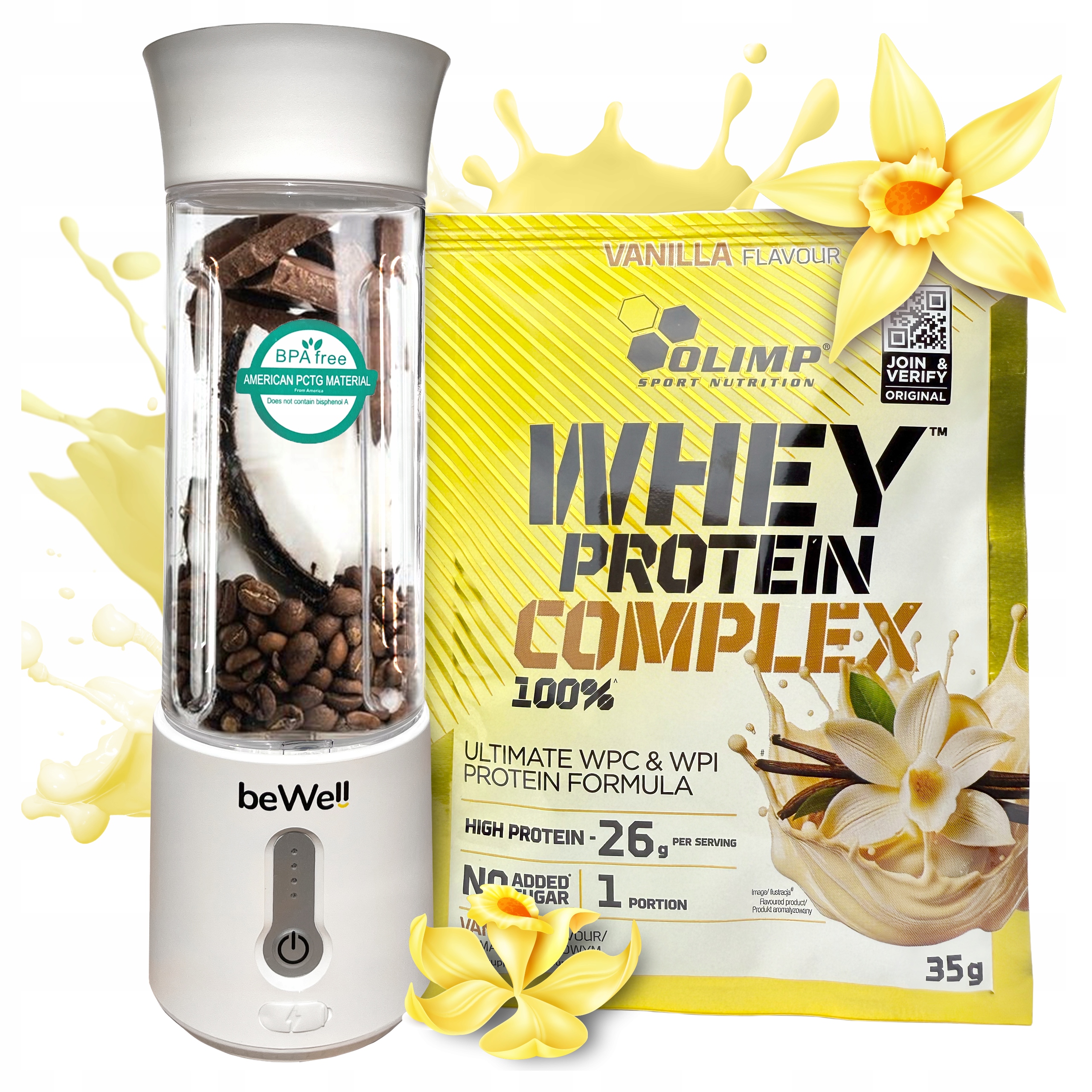 Kalichový mixér Přenosný bezdrátový beWell na Usb, protein Olimp Wpc