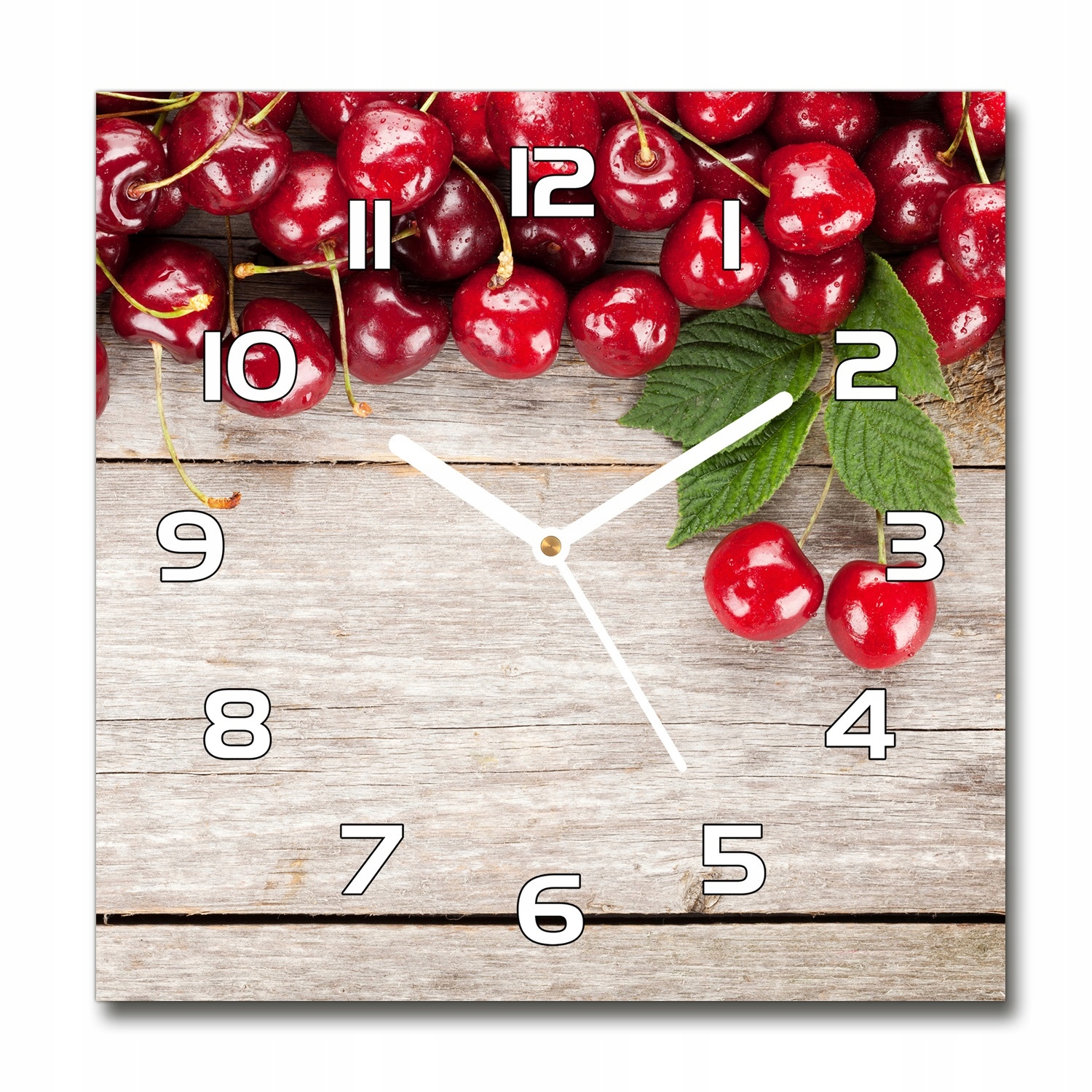 

Zegar szklany kwadratowy Wiśnie na drewnie 30x30