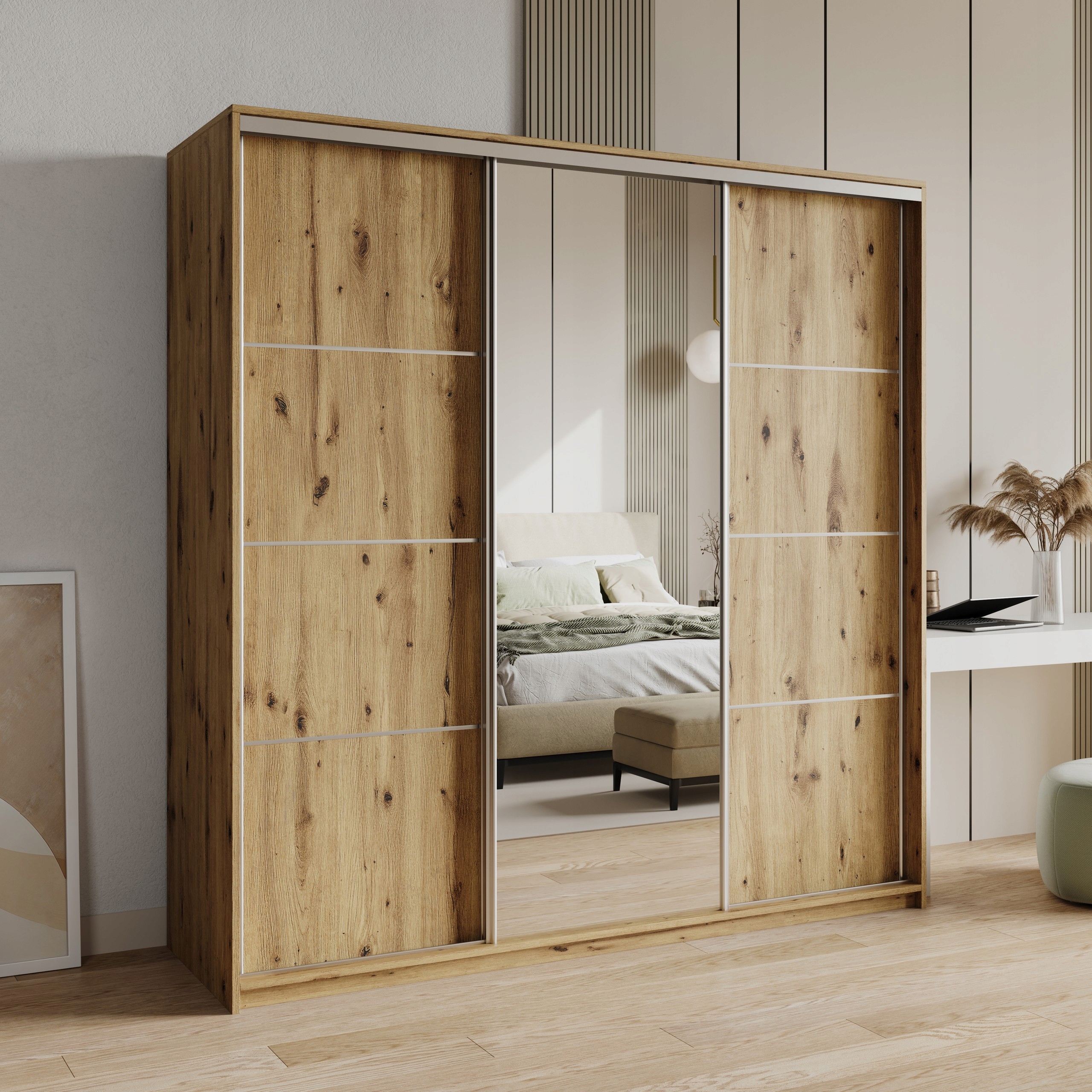 Skříň 180 cm se zrcadlem Zásuvky třídveřové Artisan Satén