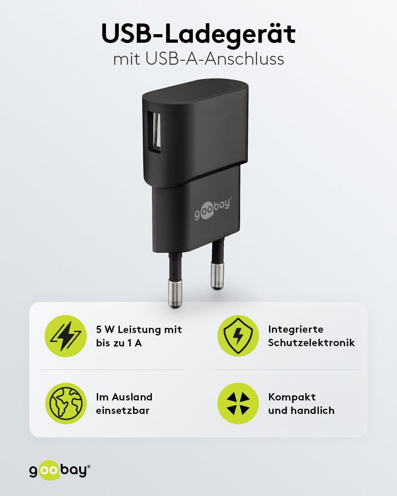 GOOBAY Adapter USB Do Gniazdka 1A 5W Czarny Do Smartfonów — miniatura 2