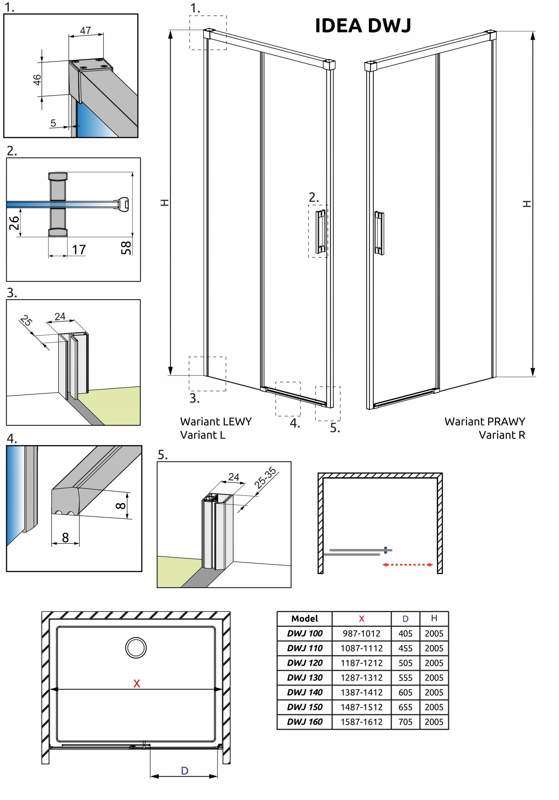 Drzwi prysznicowe Idea DWJ 120x200,5 RADAWAY Rodzaj drzwi do wnęki