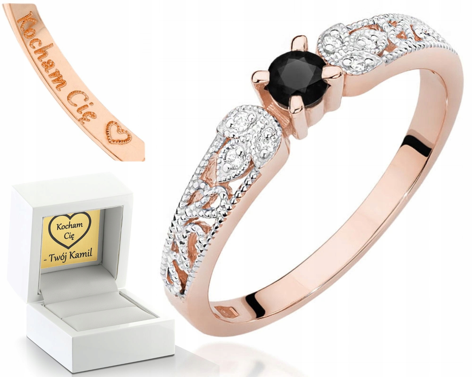 Růžové Zlato Prstýnek Černý Briliant A Diamanty 585 Gravírování