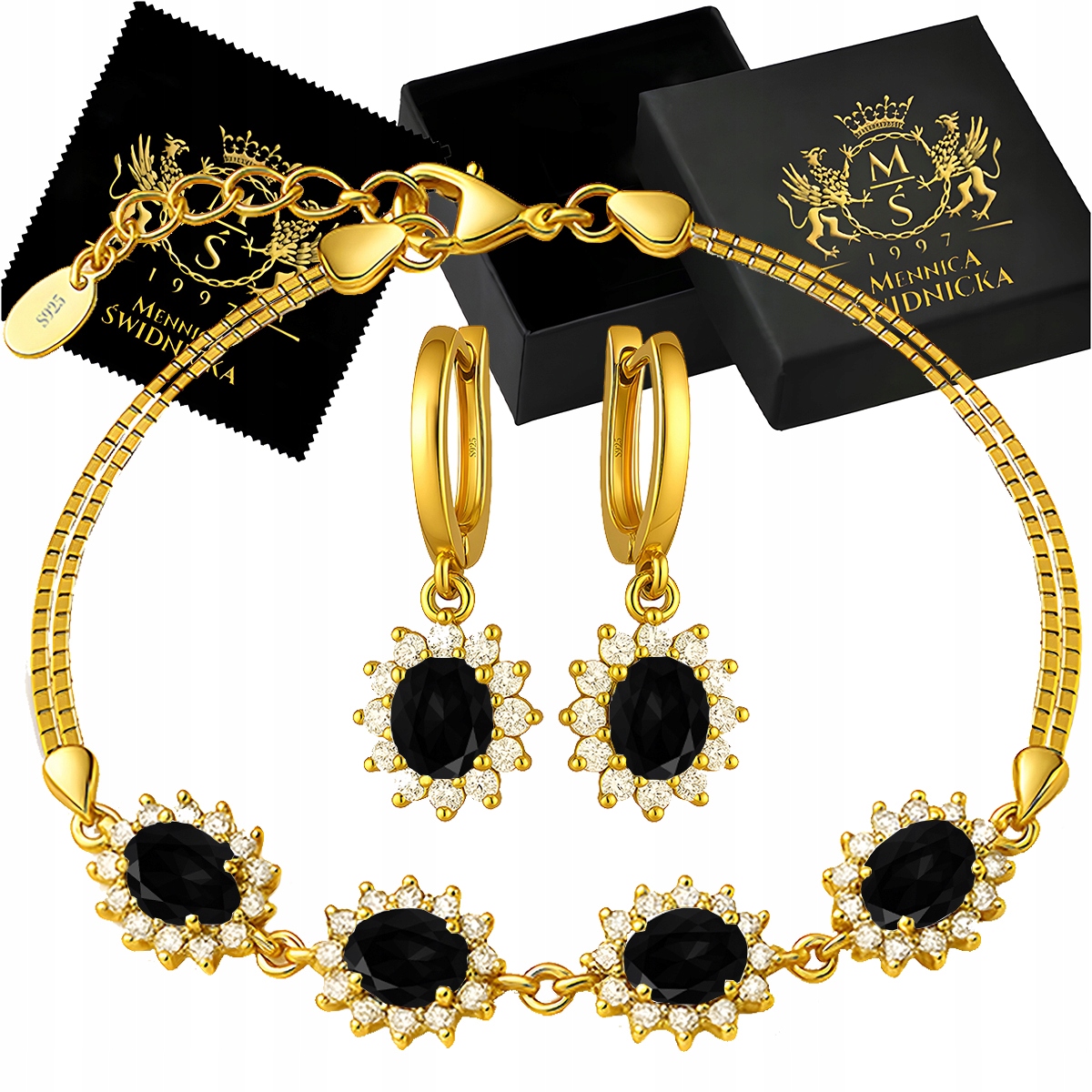 Zlatá Dámská Sada Šperků Náušnice a Náramek Stříbro 925 s Gravírování