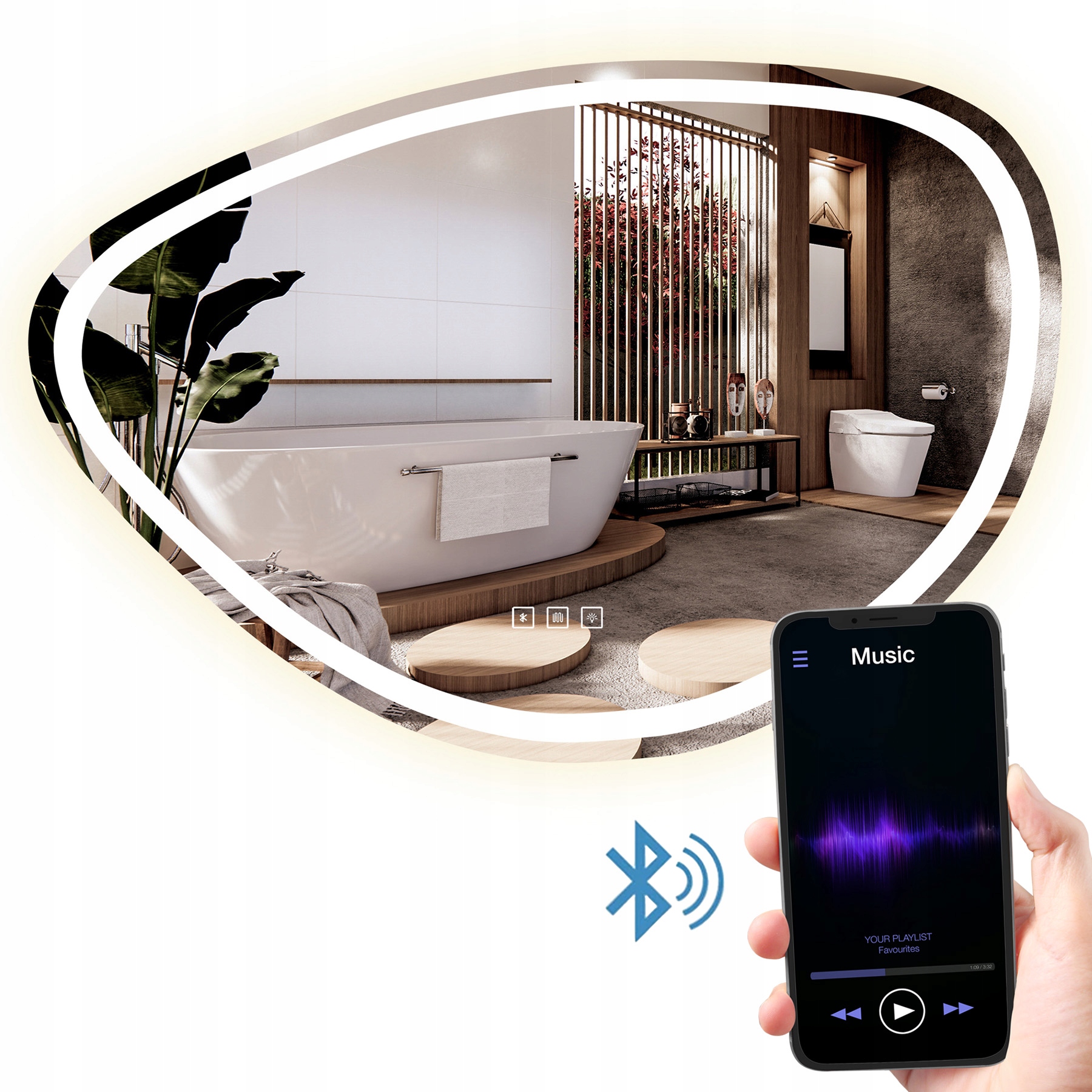 Kúpeľňové Zrkadlo Led Asymetrické Fog S Bluetooth 70x100 cm