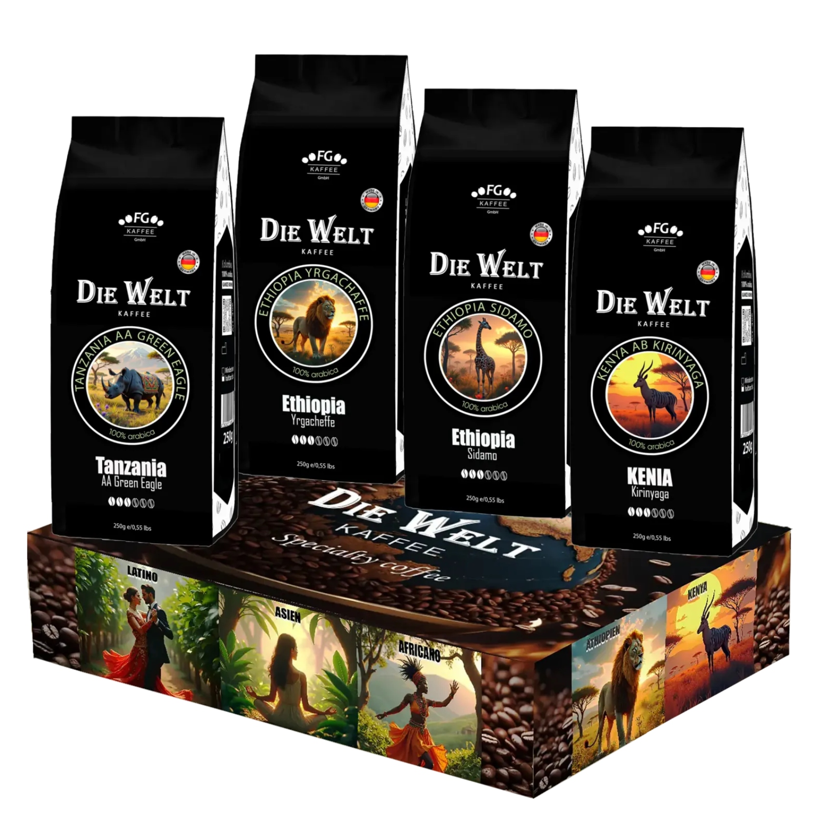 Sada káva 1 kg Arabika Die Welt Kaffee Set Afrikano 4 x 250 g