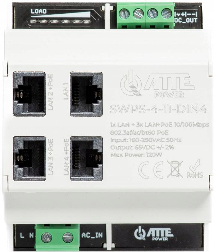 Switch PoE přepínač s vestavěným napájecím zdrojem pro sběrnici TH35 Atte