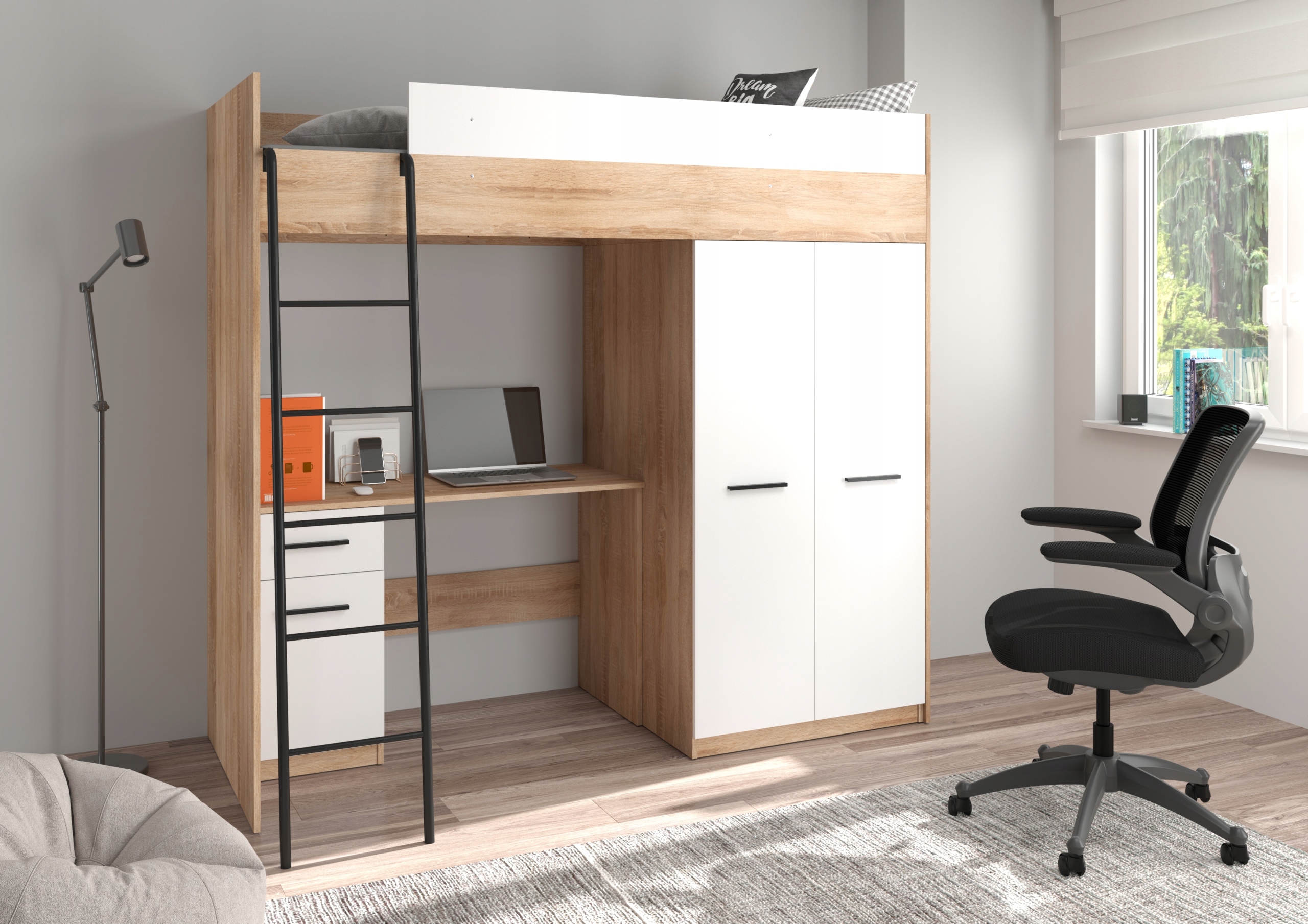 Hi5 UNI sonoma jasna/biały łóżko piętrowe