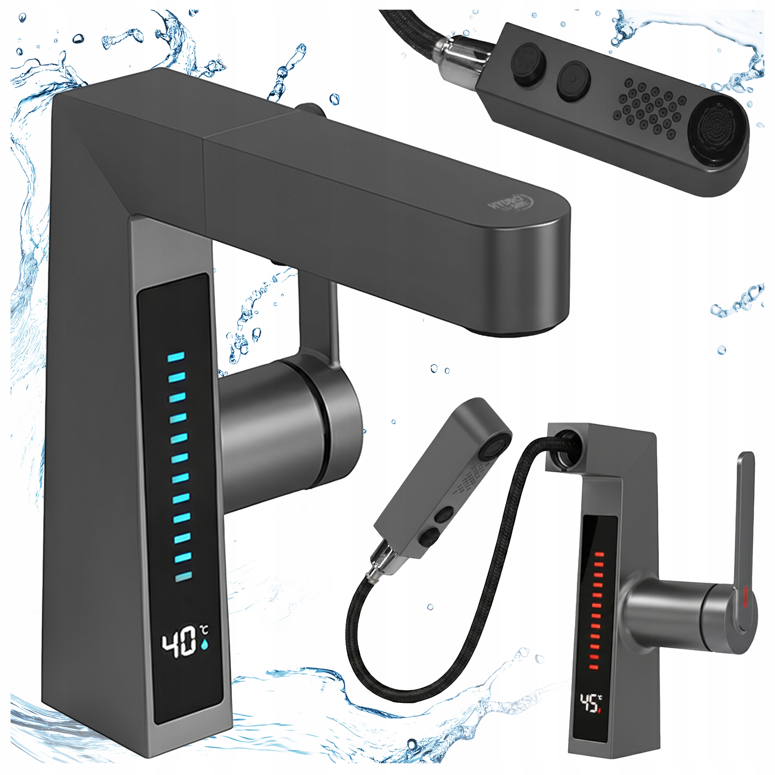 Bateria Umywalkowa Stojąca Łazienkowa Z Wyciąganą Wylewką Lidia Szara Led