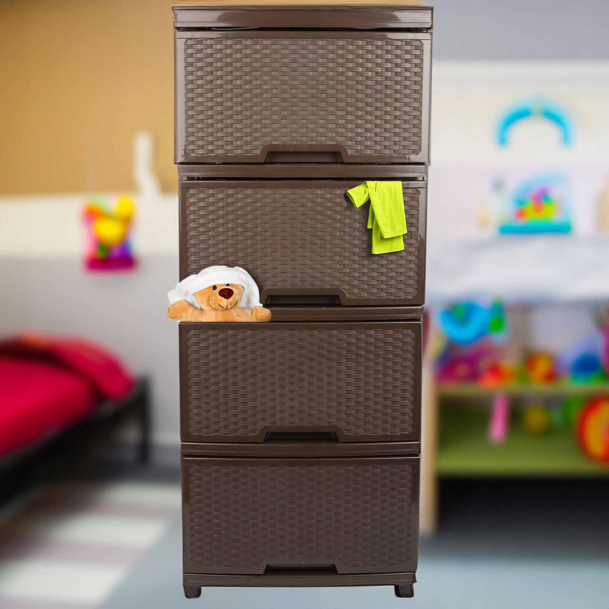 REGAŁ ŁAZIENKOWY BRĄZOWA KOMODA STOJAK SŁUPEK SZAFKA Z 4 KOSZAMI RATTAN