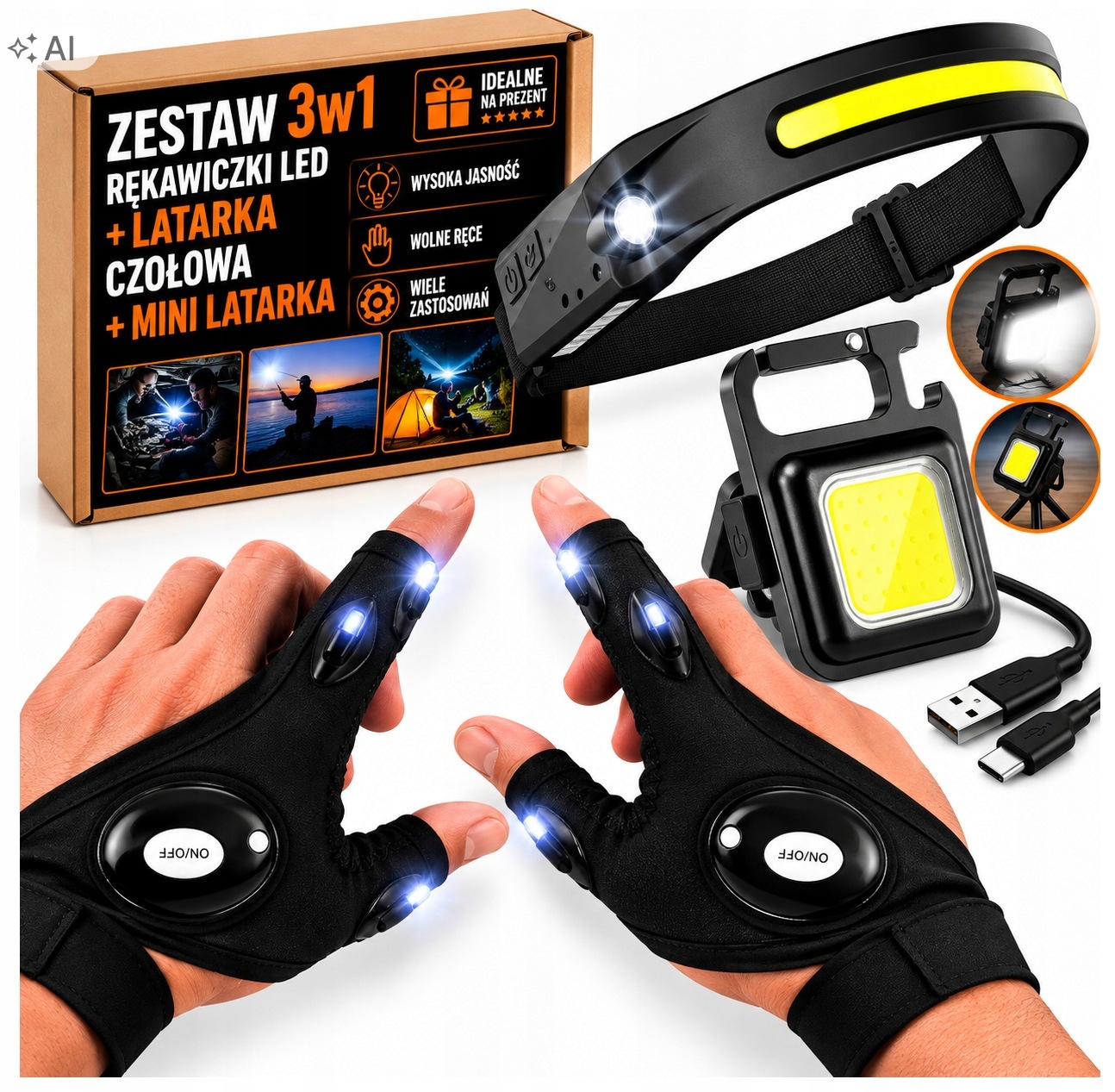 Latarka Czołowa Led Rękawiczki Led Mini Latarka Zestaw 3w1
