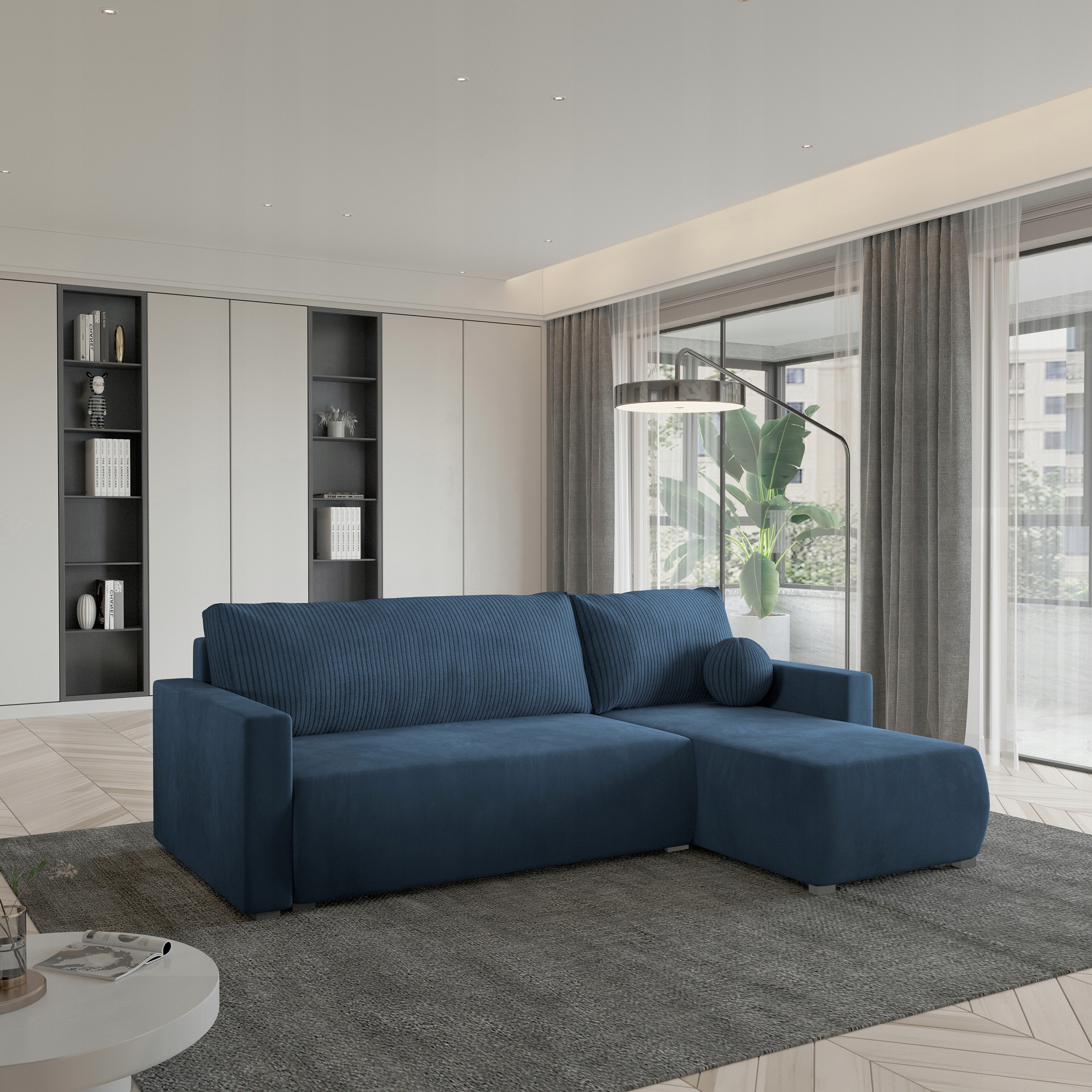 Rohová Sedací Souprava Sorge Funkce Spaní Moderní plyšová tkanina Modrá