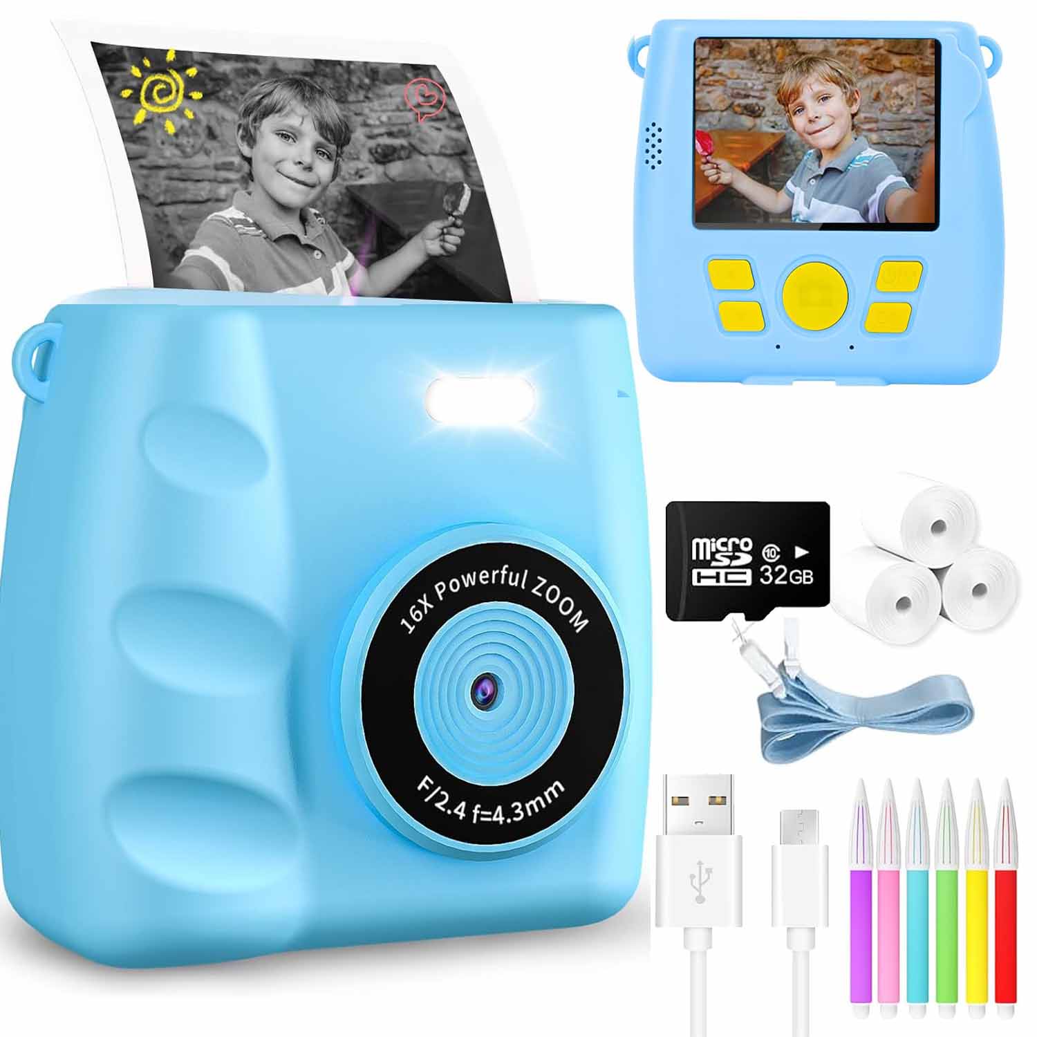 Instantní Tiskový Fotoaparát Kamera Termální Tiskárna Modrá 3 Rolky