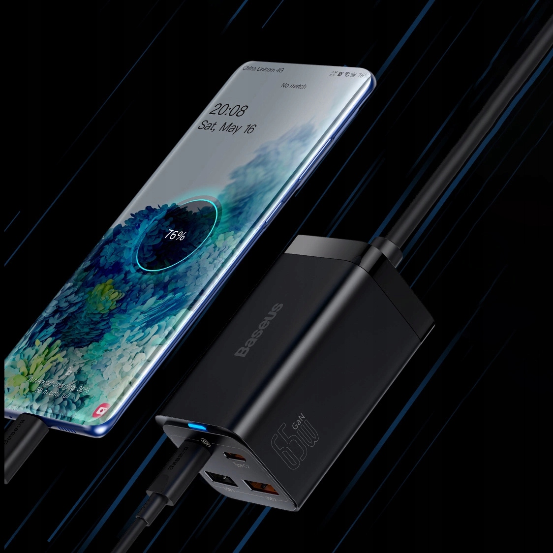 Ładowarka BASEUS GaN3 PRO 65W 2x USB-C 2xUSB-A PD QC4 + Kabel USB-C Złącza USB typ C USB