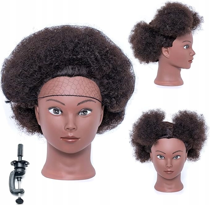 Tréninková hlava Afro 20 cm pro copánkové figuríny se stojánkem, 100% přírodní