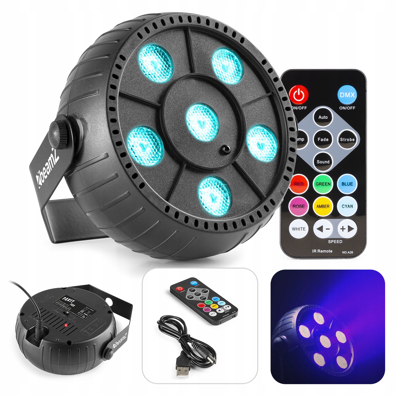 Reflektor Party Par bateryjny 6x 2W RGB Strobo