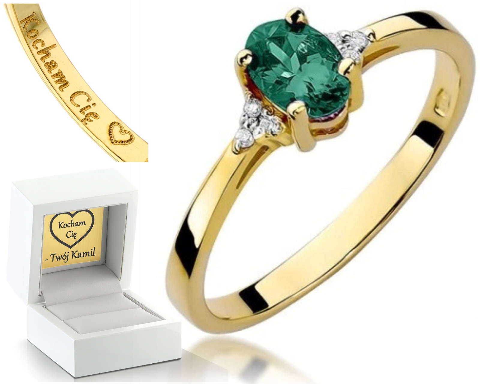 Zlatý Prstýnek Smaragd A Diamanty Gravírování Zdarma