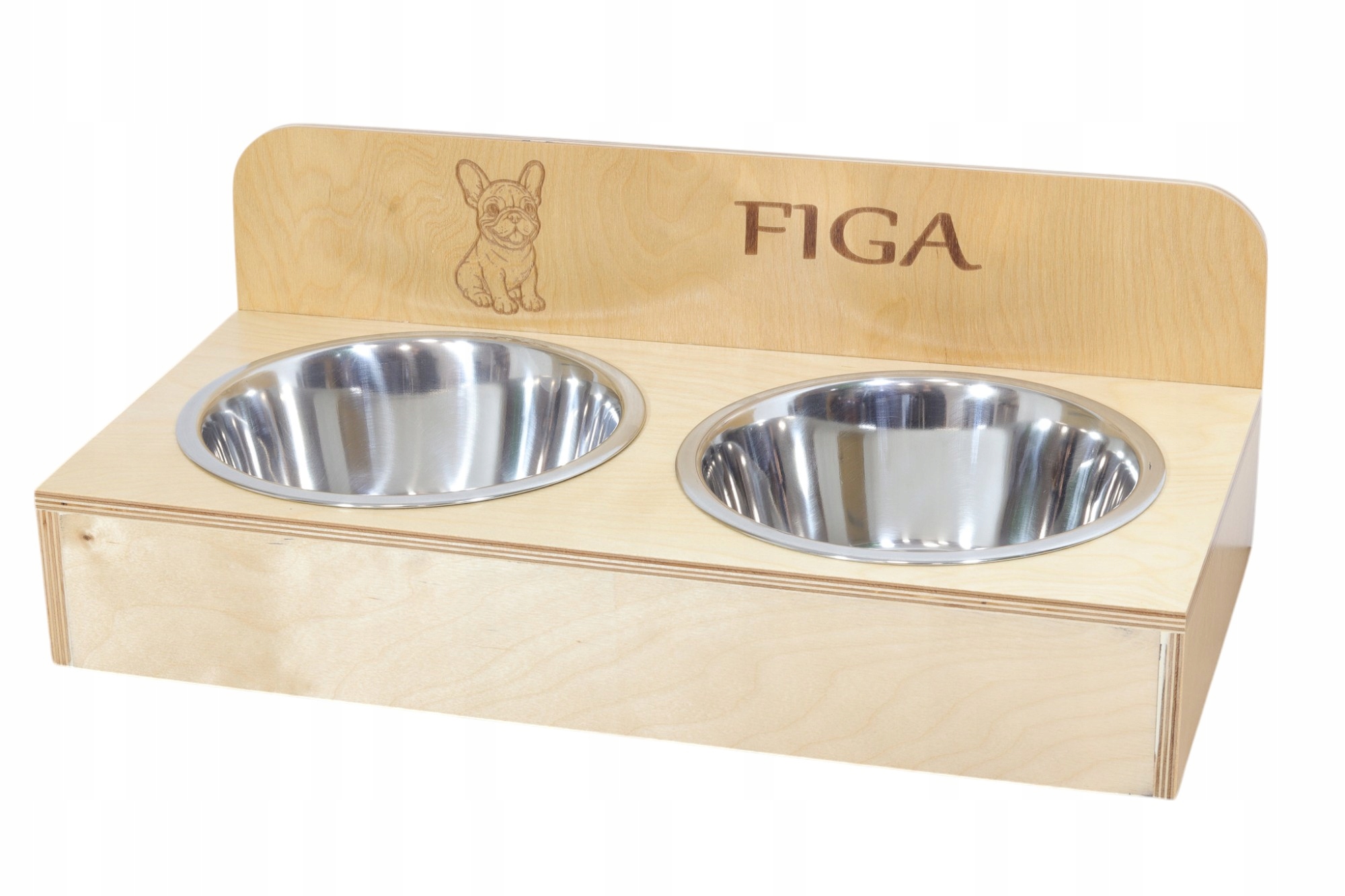 Levně Stojan na misky, dvojitá dřevěná miska pro psa se jménem