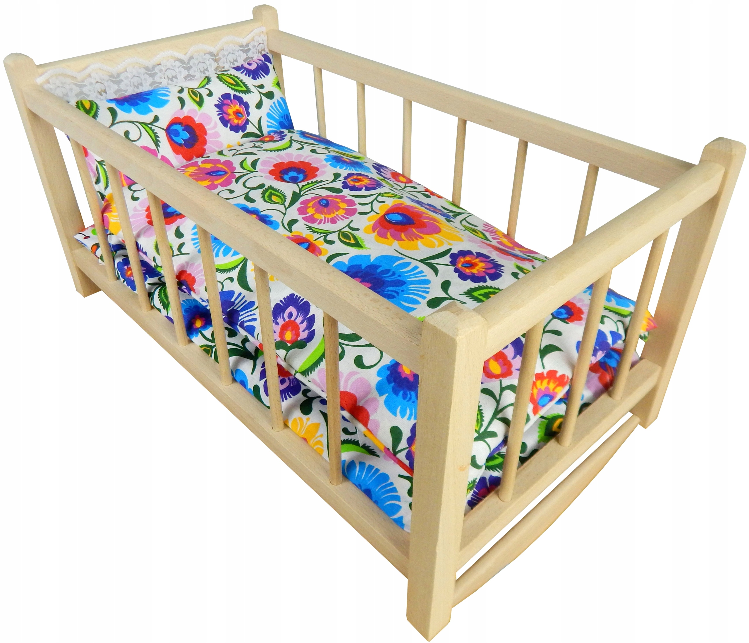 DREWNIANE ŁÓŻECZKO dla LALEK kołyska dla LALKI + pościel 3 elementy POLSKA Kod producenta łóżeczko duże kołyska drewniana