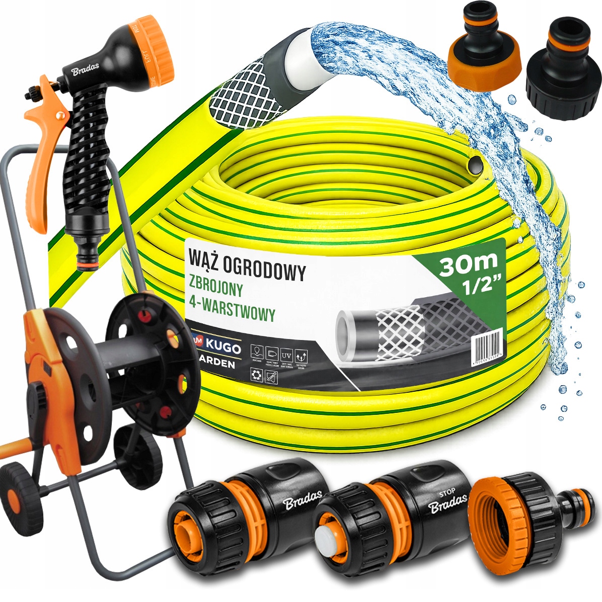 Hadice 1/2" 30 m 4 Vrstvy Pistole Vozík Set Bradas