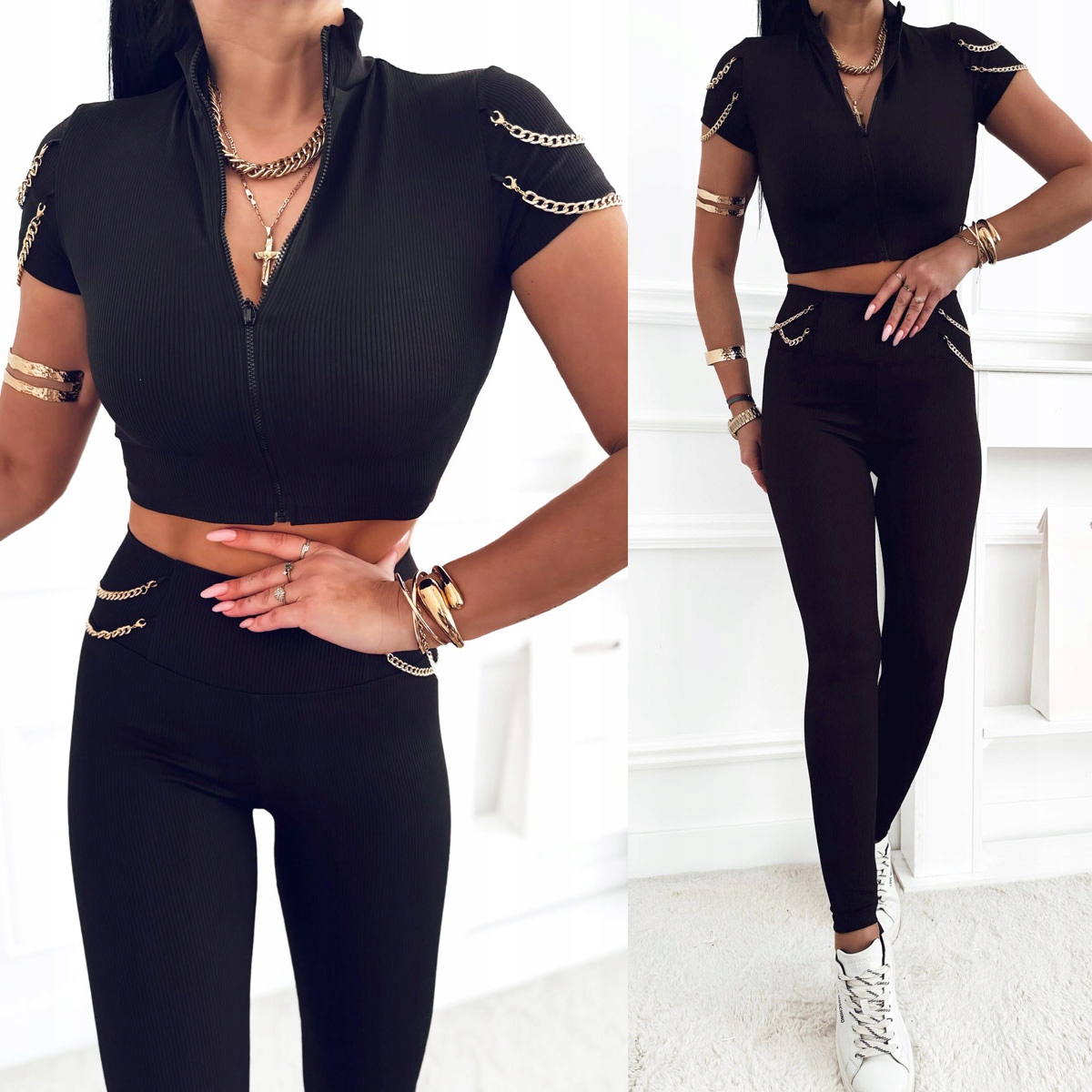 Komplet prążkowany na wiosnę bluzka na krótki rękaw leginsy Czarny Xs/s