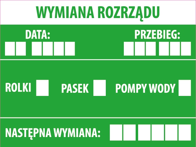 Naklejki serwisowe Wymiana Rozrządu etykiety foliowe 50 sztuk