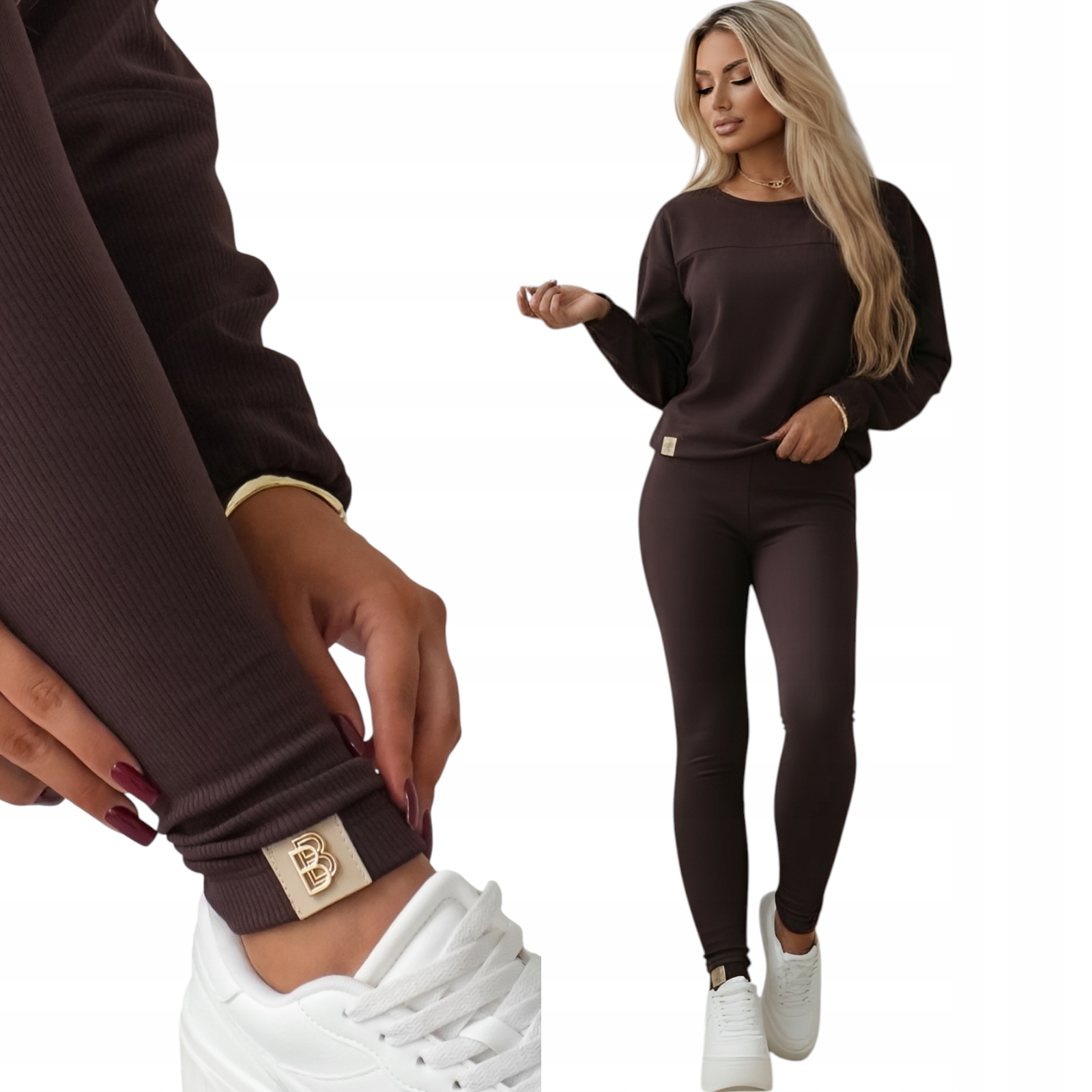 Komplet damski Dres Bluza Legginsy Premium Czekoladowy Brąz S