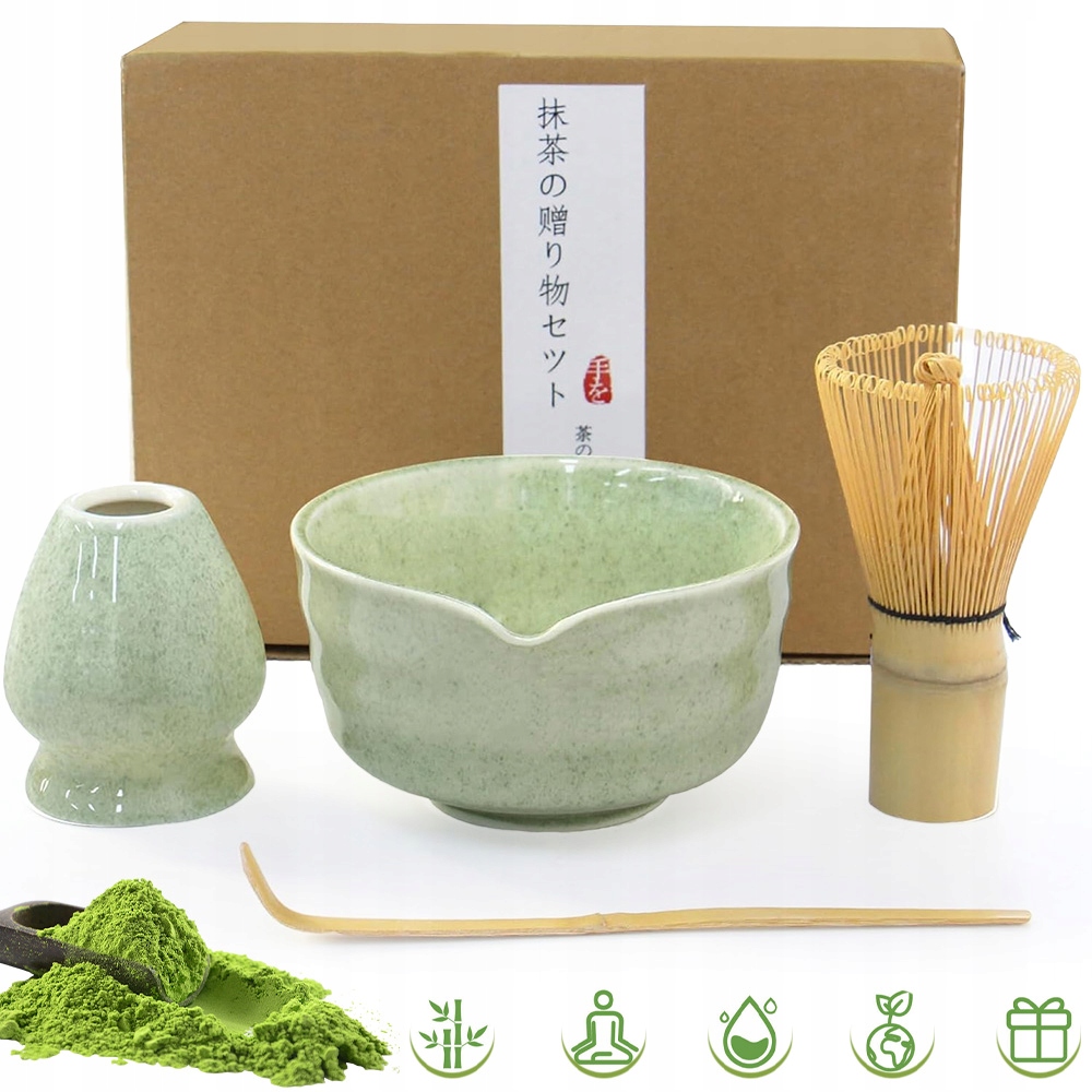 Levně Čaj Matcha Japonská Sada Metlička Štětec Dárková Lžička 4 Ks