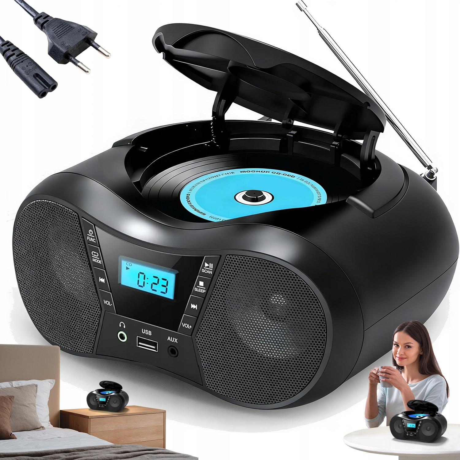 ODTWARZACZ CD RADIO BLUETOOTH PRZNOŚNY RADIO FM DISCMAN MP3 AUX GŁOŚNIKI