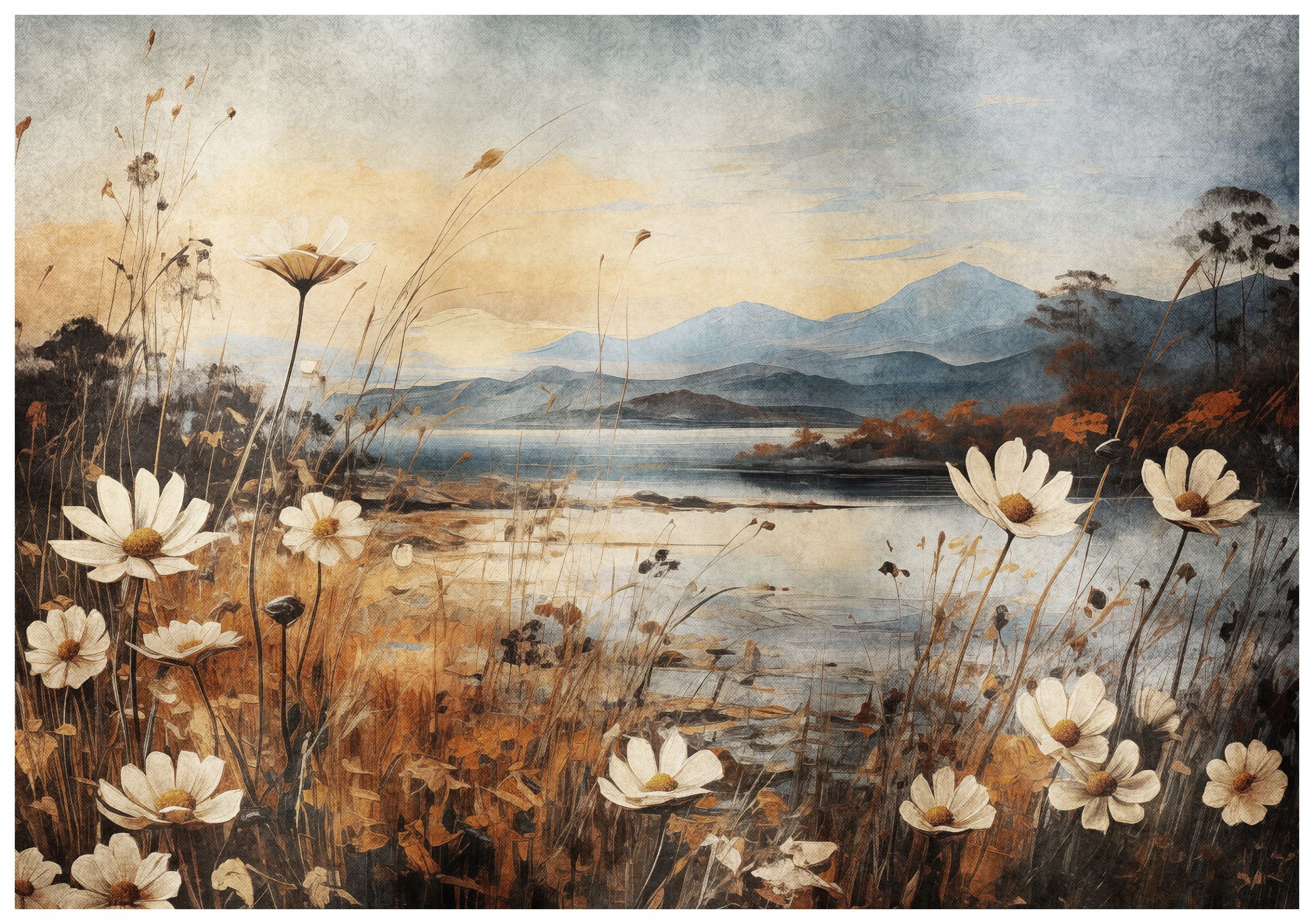 Fototapeta Bílé sedmikrásky jezero hory západ slunce 200x140 lepidlo