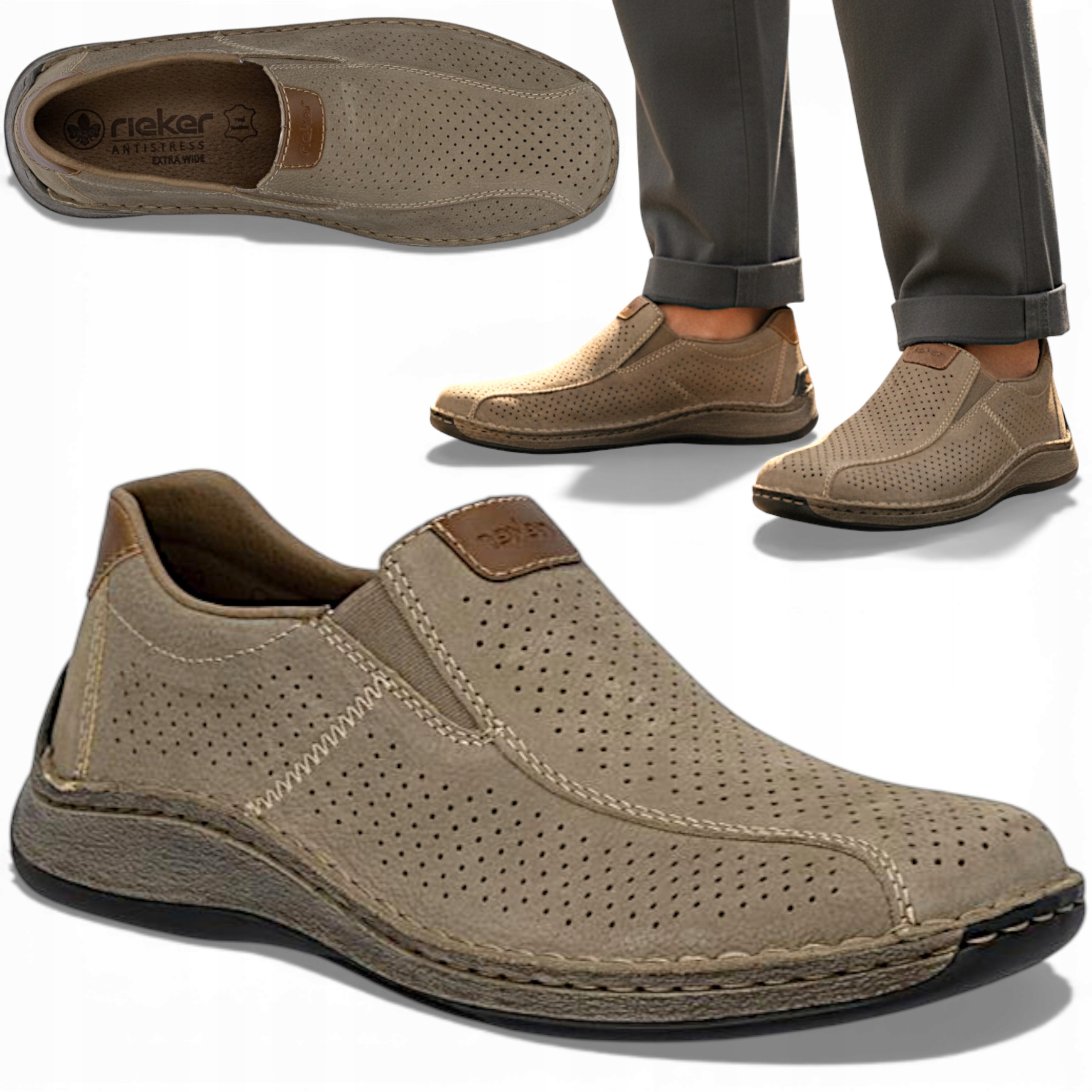 Mokasíny Pánské Přírodní Kůže 44 Rieker Lehké Prodyšné Široké Léto