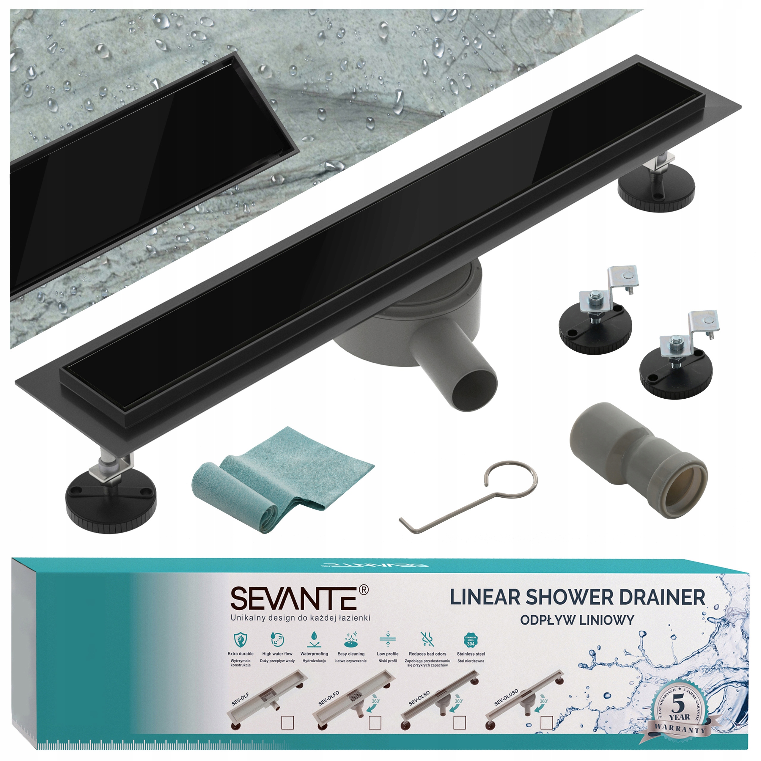 Lineárny odtok s maskovačom 80 cm Flat čierne sklo oceľ 304 otočný sifón