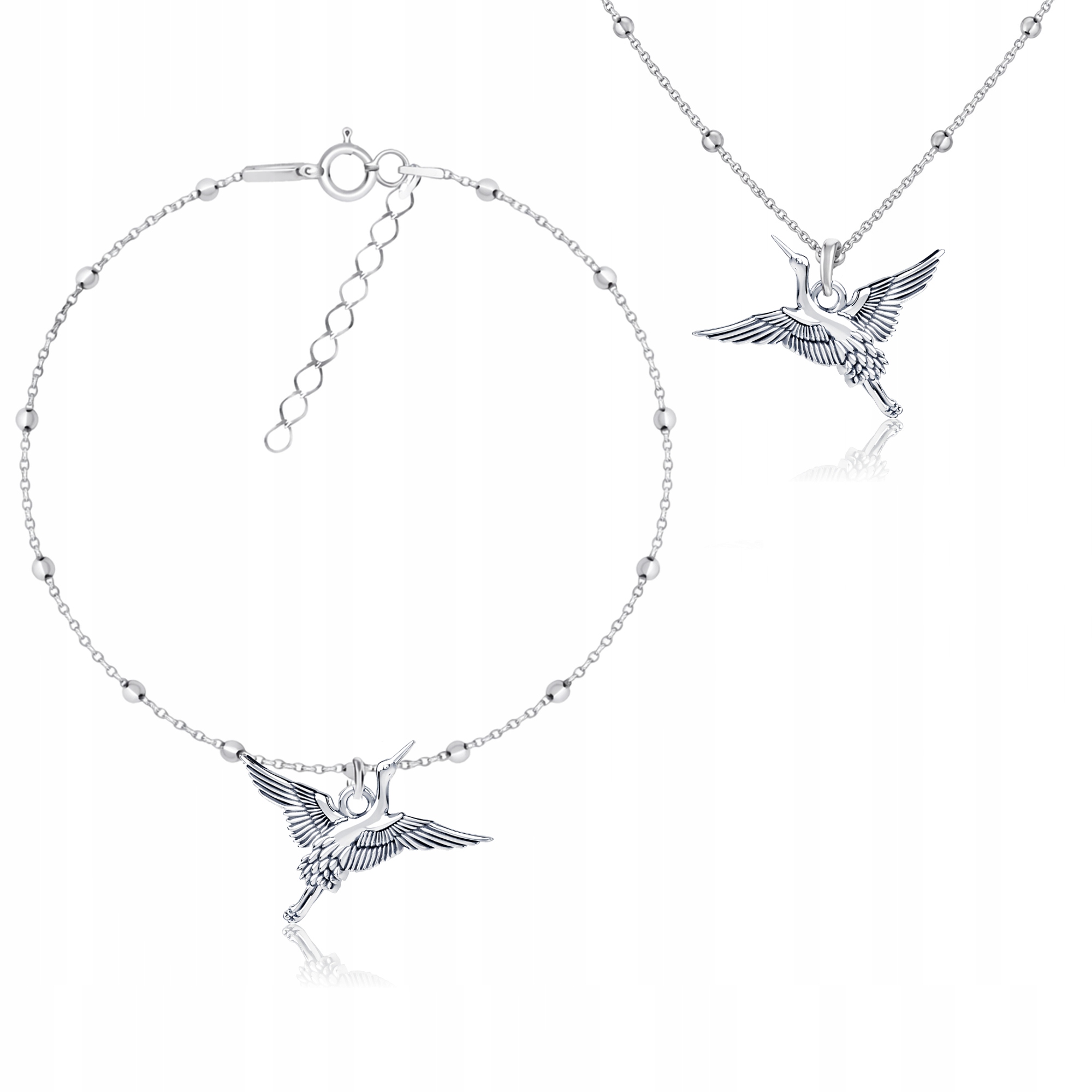 Pták Jeřáb Jeřáby Stříbrný kuličkový komplet šperků stříbro 925